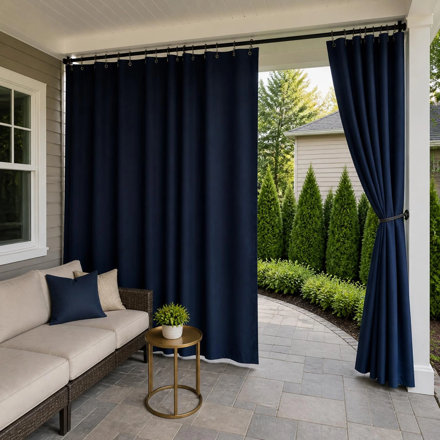 Navy outdoor privacy curtains on a ceiling-mounted track screen one side of a paved patio while seating stays open
