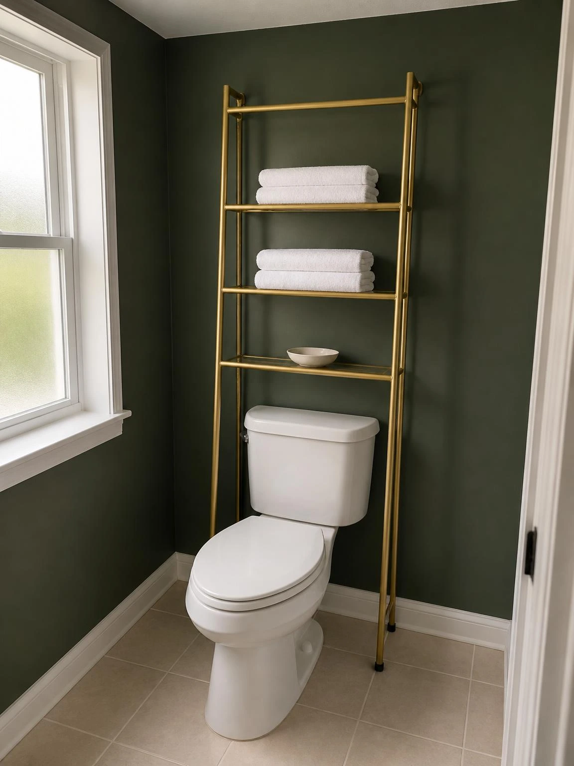 Slim brass-finish ladder shelf standing over white toilet tank against a forest-green wall, maximizing vertical storage in a small bathroom