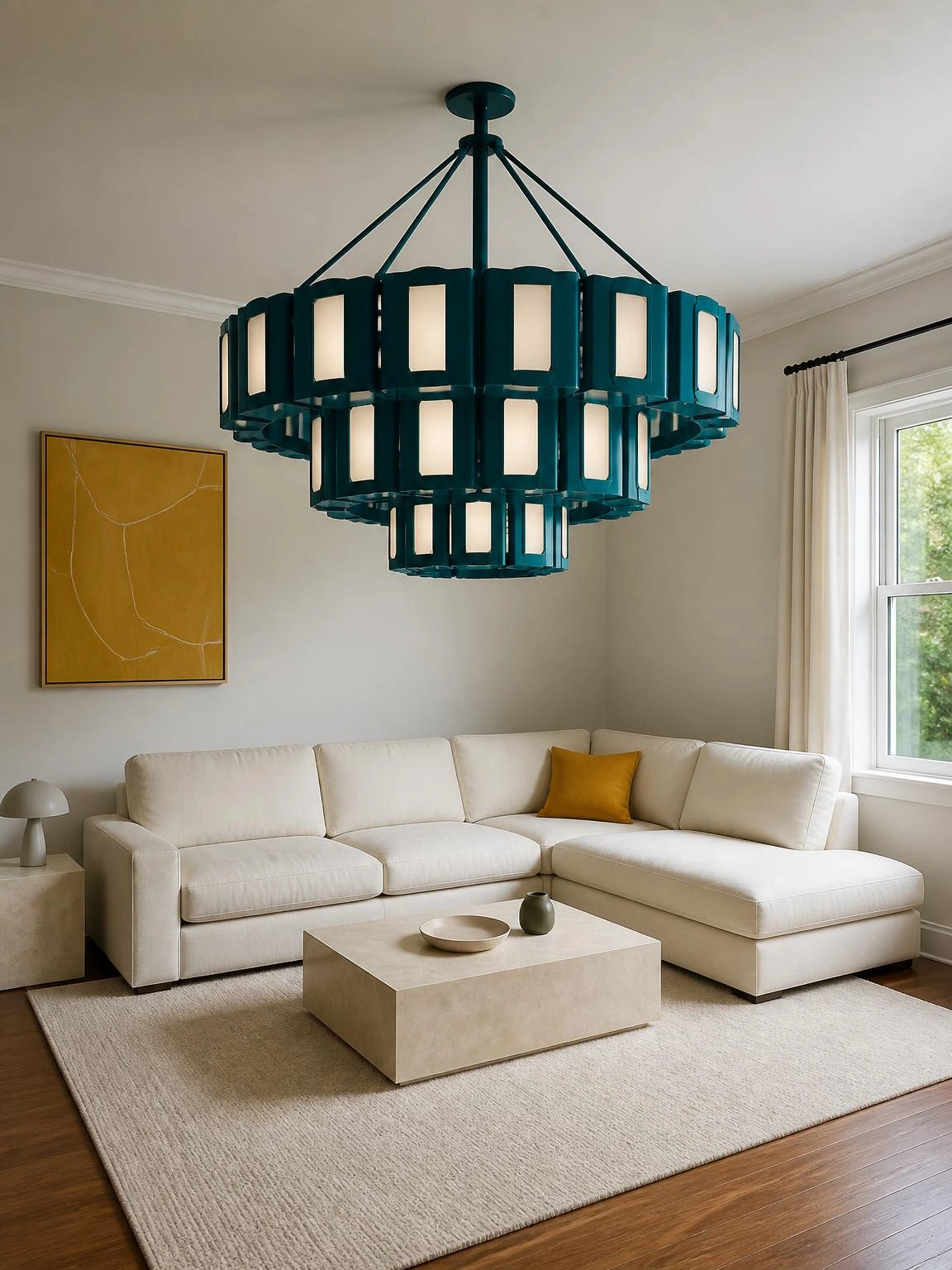 Oversized deep-teal chandelier centered above an ivory sectional, demonstrating balanced scale for compact living room chandelier ideas