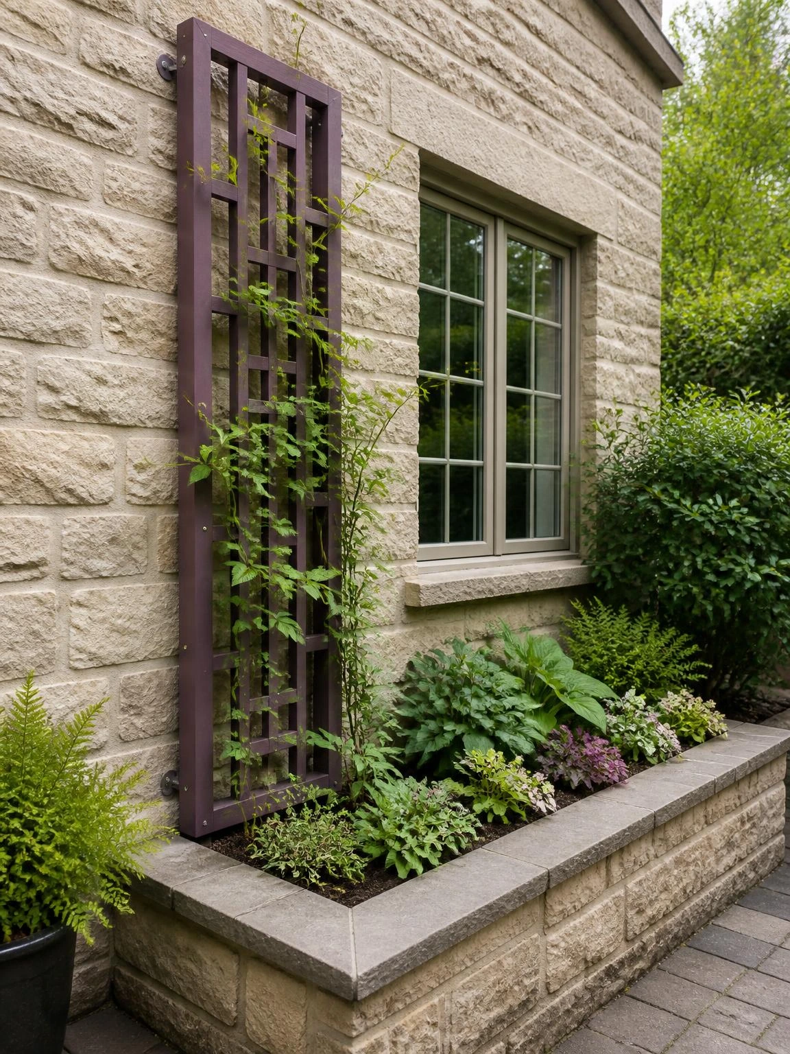 Muted plum painted garden trellis with climbing foliage, visible fasteners, and airflow gap beside a raised bed in a home garden
