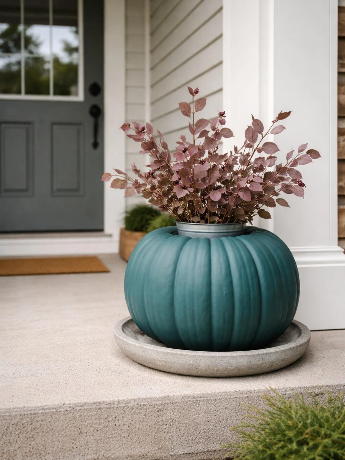 Matte deep teal painted pumpkin planter with plum branches beside a porch column, showing a tidy Halloween decorations outdoor DIY idea