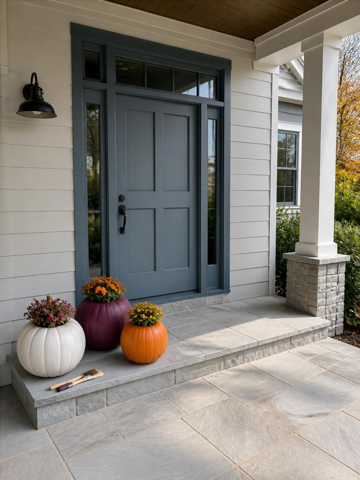 Painted pumpkin planters in white, plum, and orange sit by a sheltered doorway, illustrating an easy halloween crafts diy project