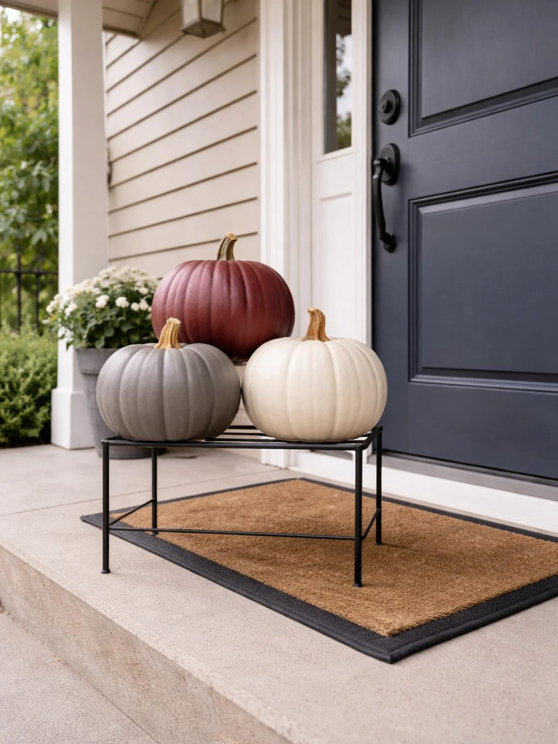 Three painted pumpkins in burgundy, warm gray, and ivory decorate a compact covered porch for Halloween decorations outdoor DIY.