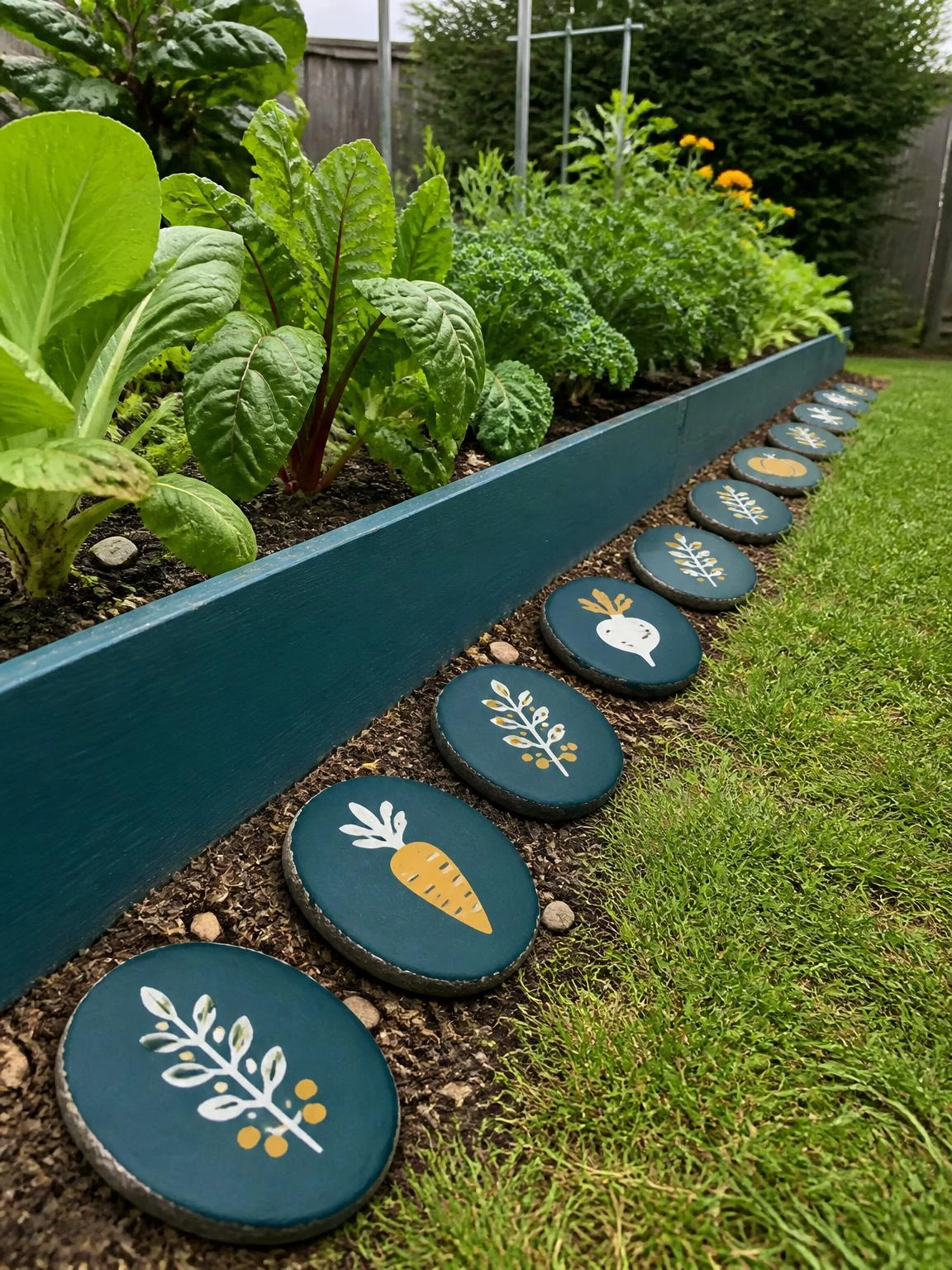 Painted garden stone markers with warm-white and mustard symbols line leafy vegetable beds beside a deep-teal border.