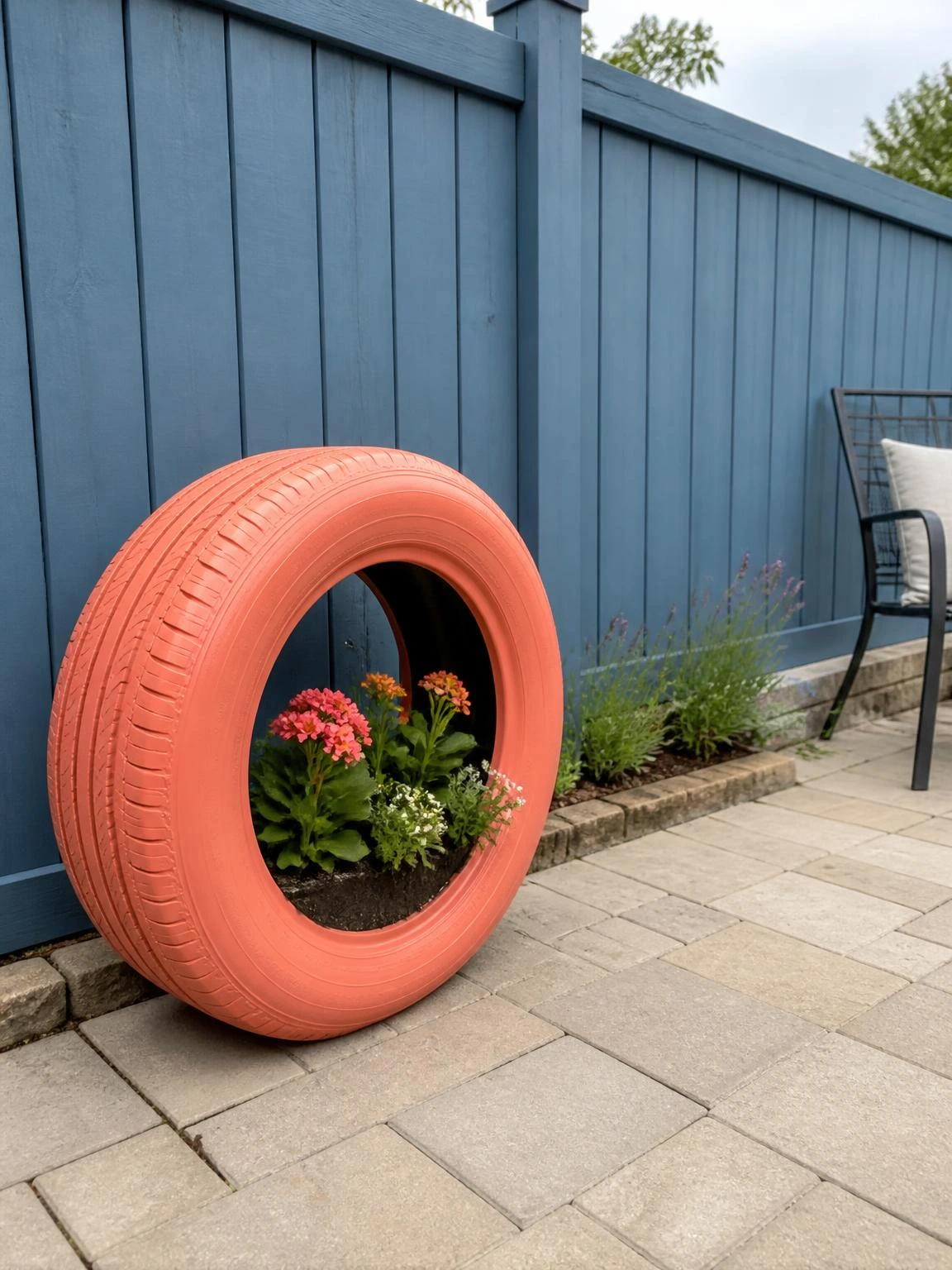 Soft coral painted tire planter filled with flowers beside a patio, showing a practical DIY garden project against a muted blue fence
