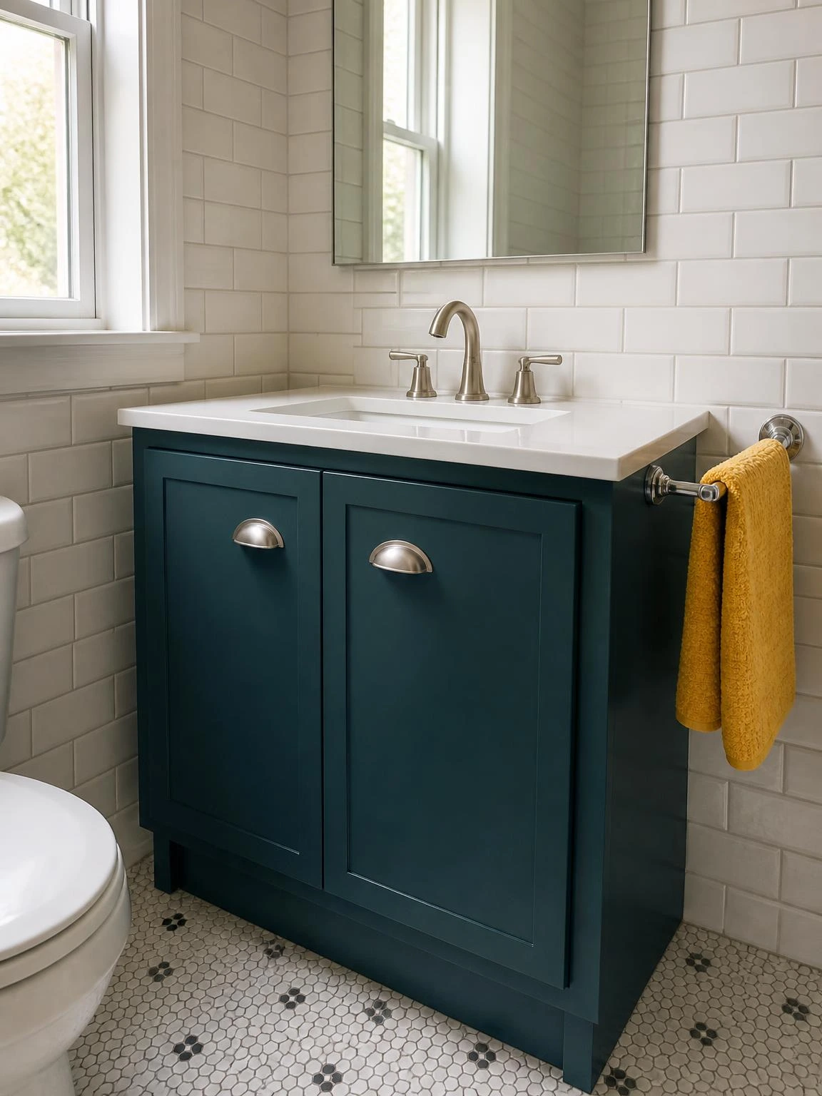 Deep teal painted vanity cabinet with brushed-nickel cup pulls beneath a white sink, a budget bathroom refresh that transforms builder-grade into intentional design