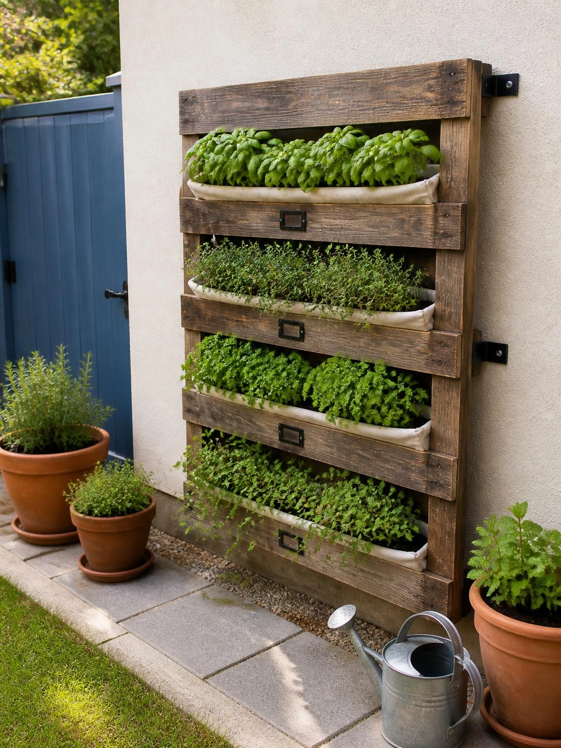 Vertical pallet herb planter with basil, thyme, parsley, and mint beside a blue garden gate, showcasing a DIY garden project
