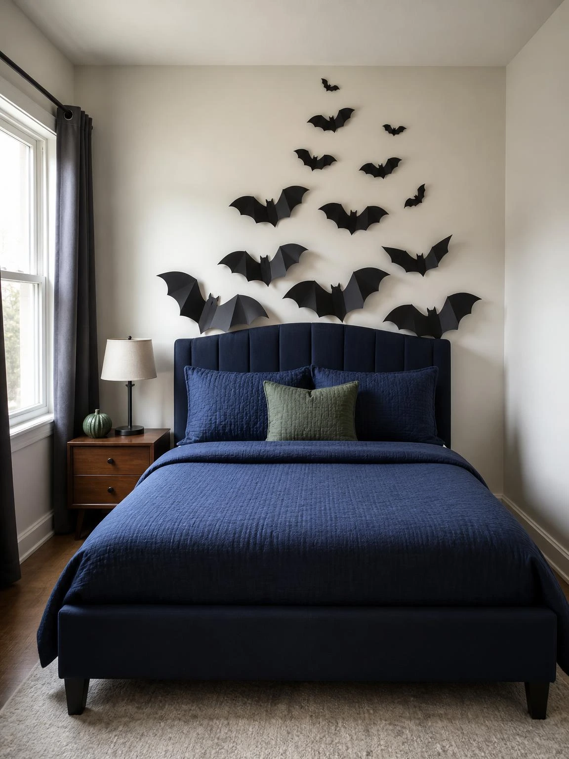 Black paper bats create an ascending headboard over a navy bed, showing cheap DIY Halloween bedroom decor in a compact modern room.