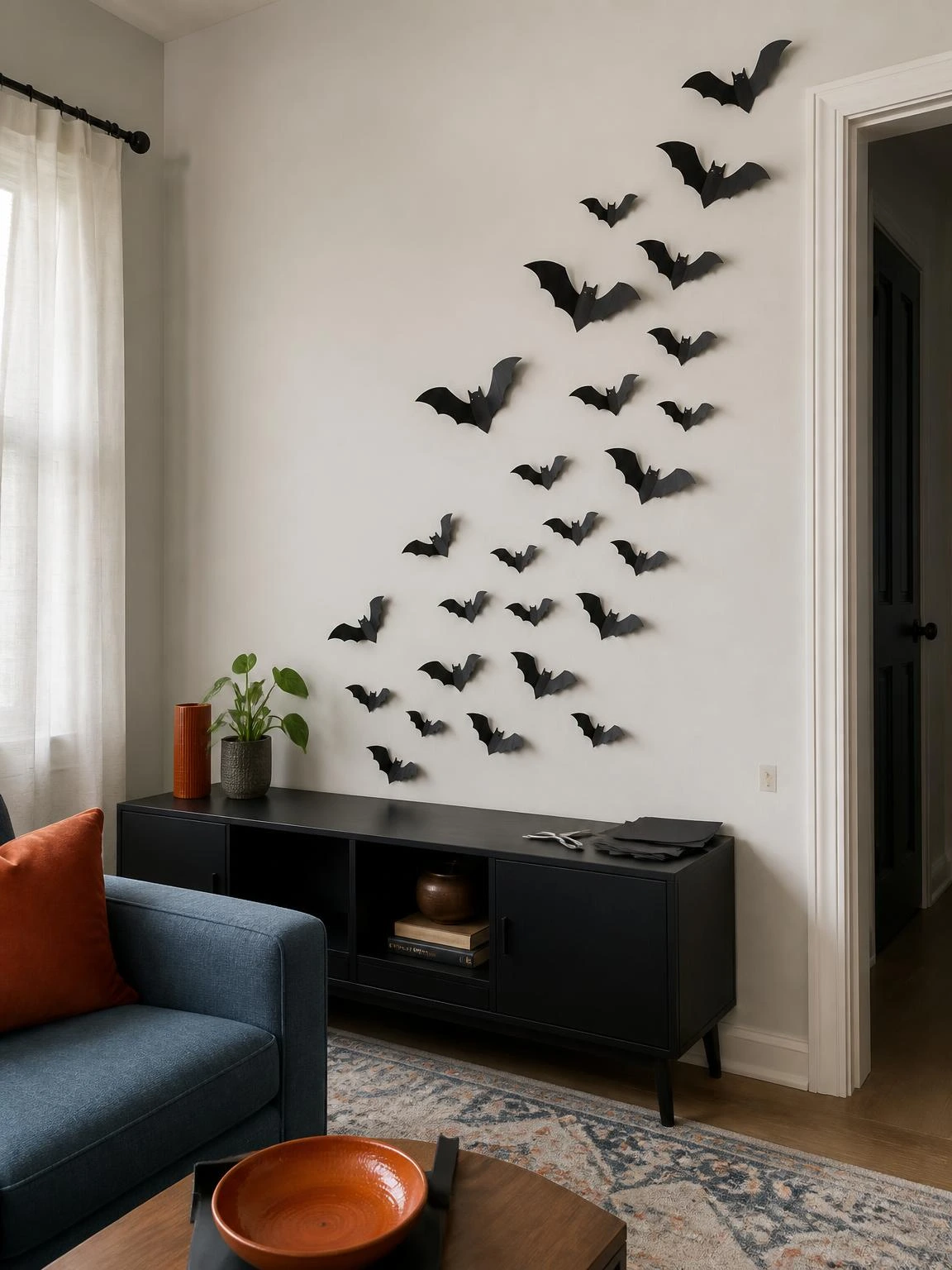 Handmade paper bat wall rising above a low console, showing an attainable Halloween crafts DIY project in a compact living room