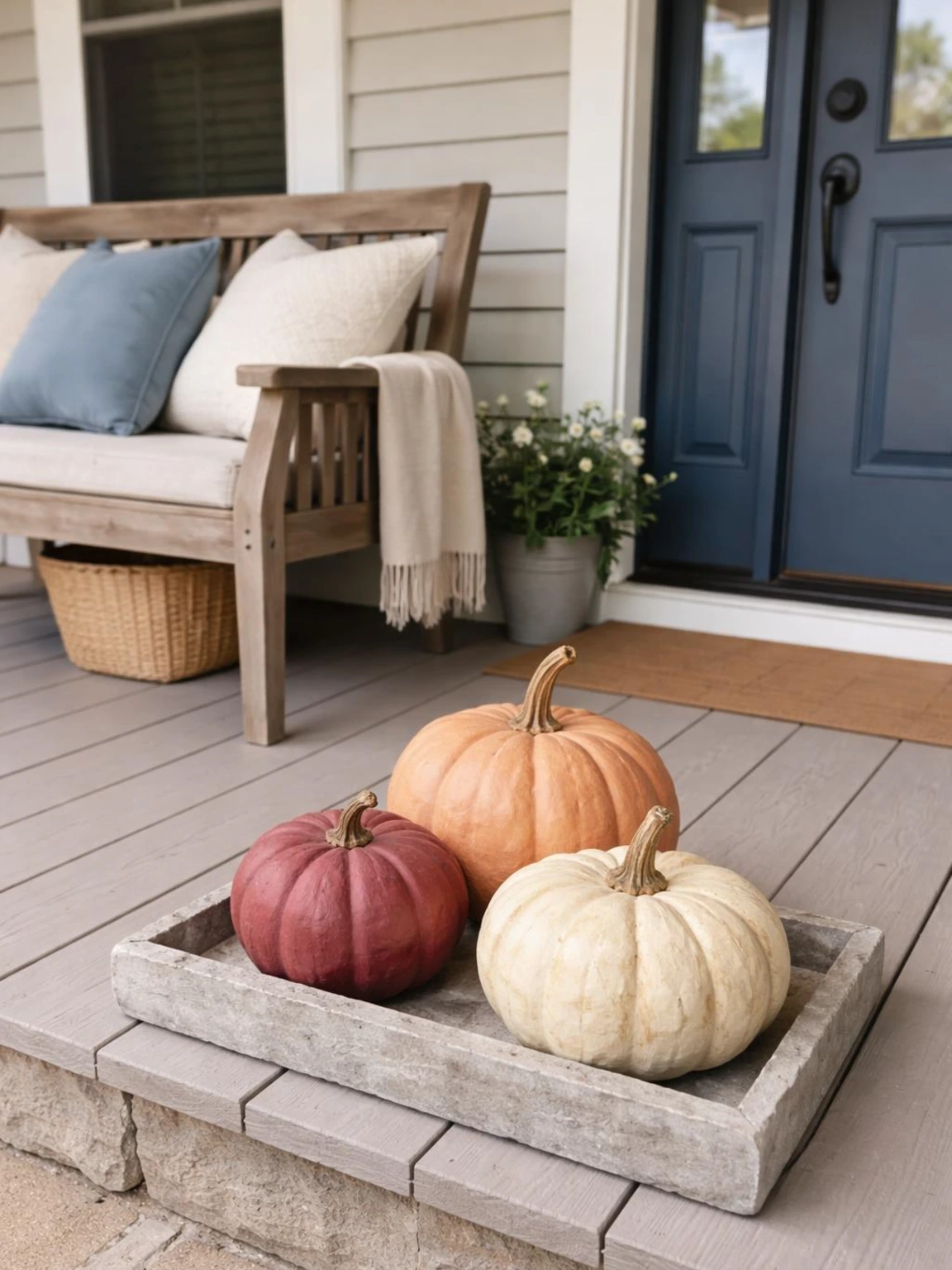 Paper mache pumpkin cluster in muted orange, burgundy, and ivory decorates a sheltered porch beside a complete bench.