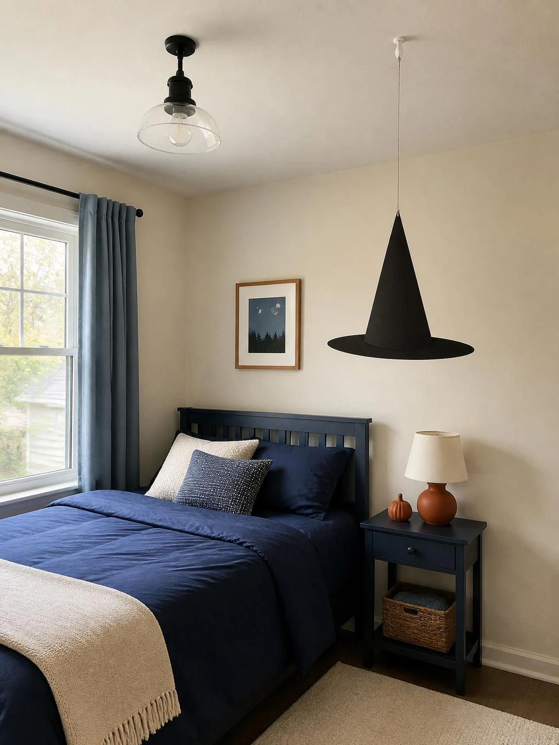 Oversized black paper witch-hat pendant hangs safely beside a navy bed, offering cheap DIY Halloween bedroom decor inspiration