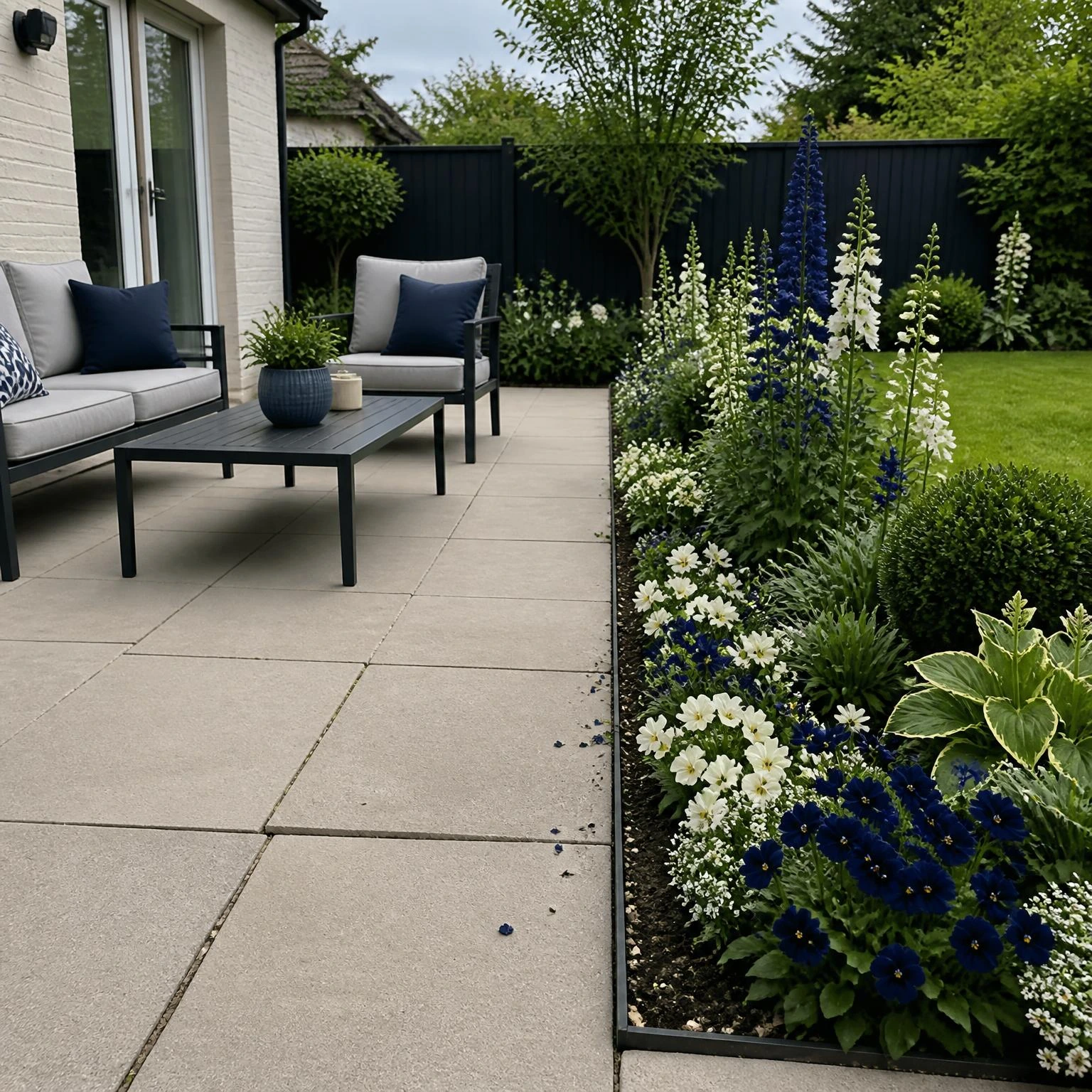 Slim navy and ivory flower strip beside patio paving, neatly edged for a clear walkway and seating area in a small backyard flower garden