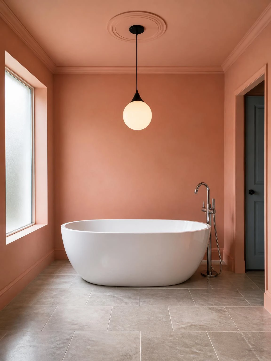 Matte-black globe pendant light centered above a white oval freestanding soaking tub on stone-look tile, demonstrating safe pendant placement in a master bathroom