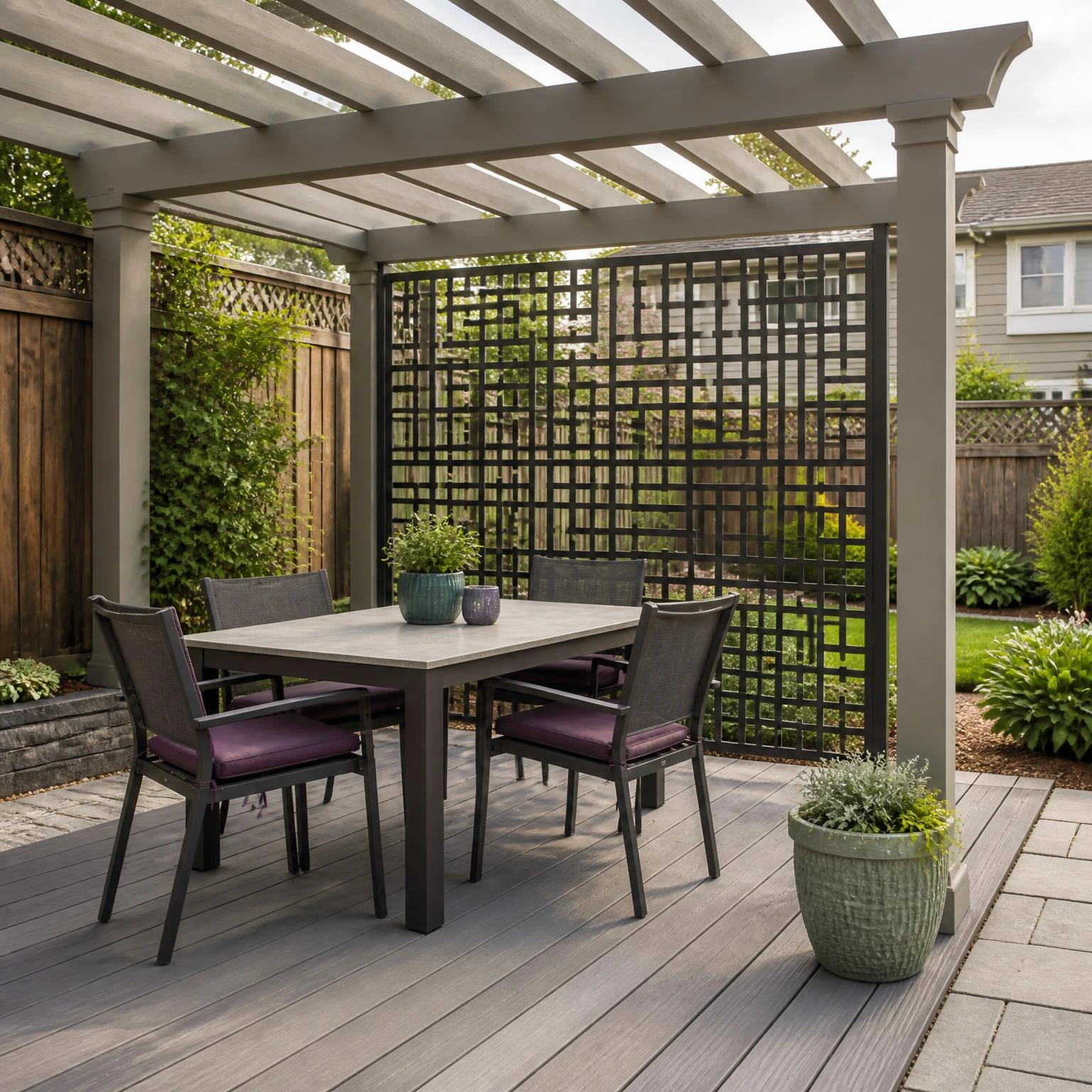Geometric pergola trellis filters neighboring views beside a backyard dining patio, demonstrating partial backyard privacy without a fence