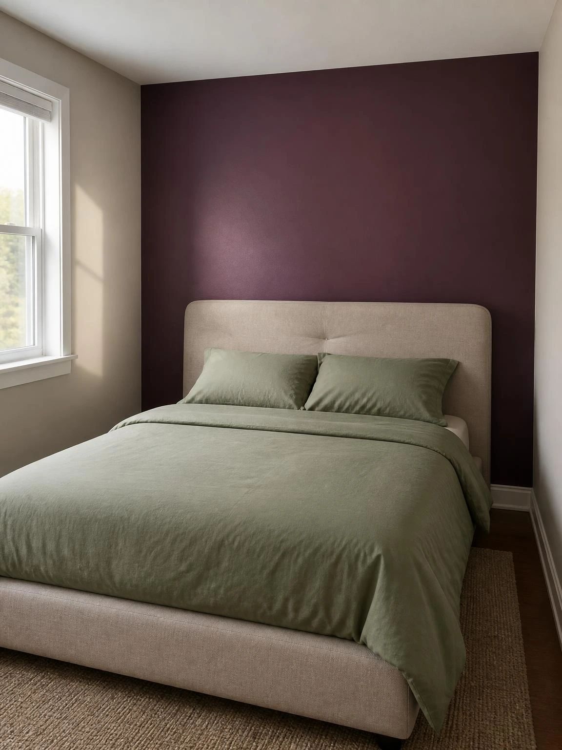 Compact bedroom with a matte plum accent wall behind an oatmeal linen bed frame, styled with sage green bedding as a minimal home decor statement