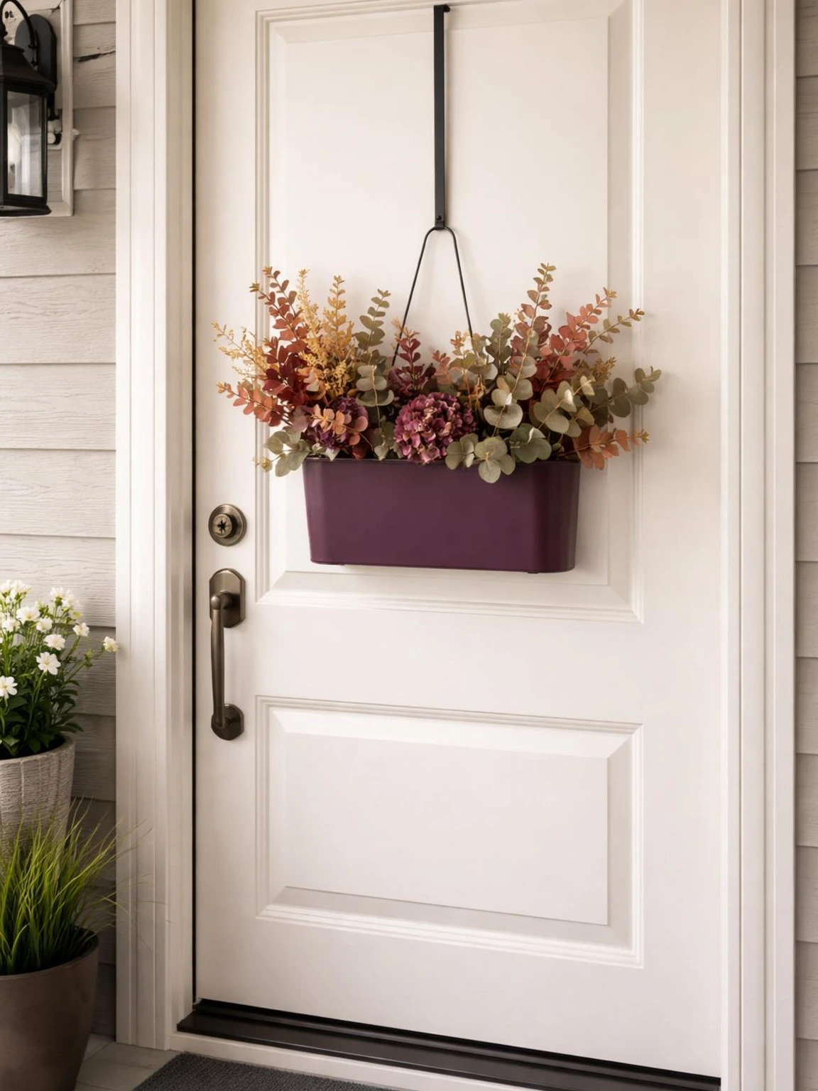 Plum and ivory fall door basket with rust and muted-green foliage, styled shallowly for easy door opening on a contemporary porch.