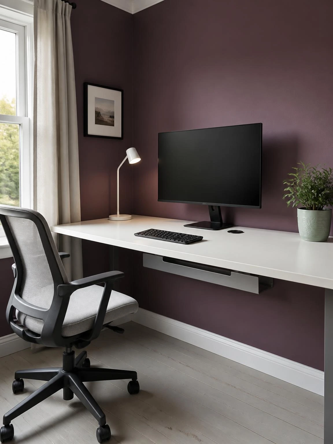 Muted plum study wall with a white desk, monitor, and zero visible cables routed through a flush grommet for a clean minimal home decor setup