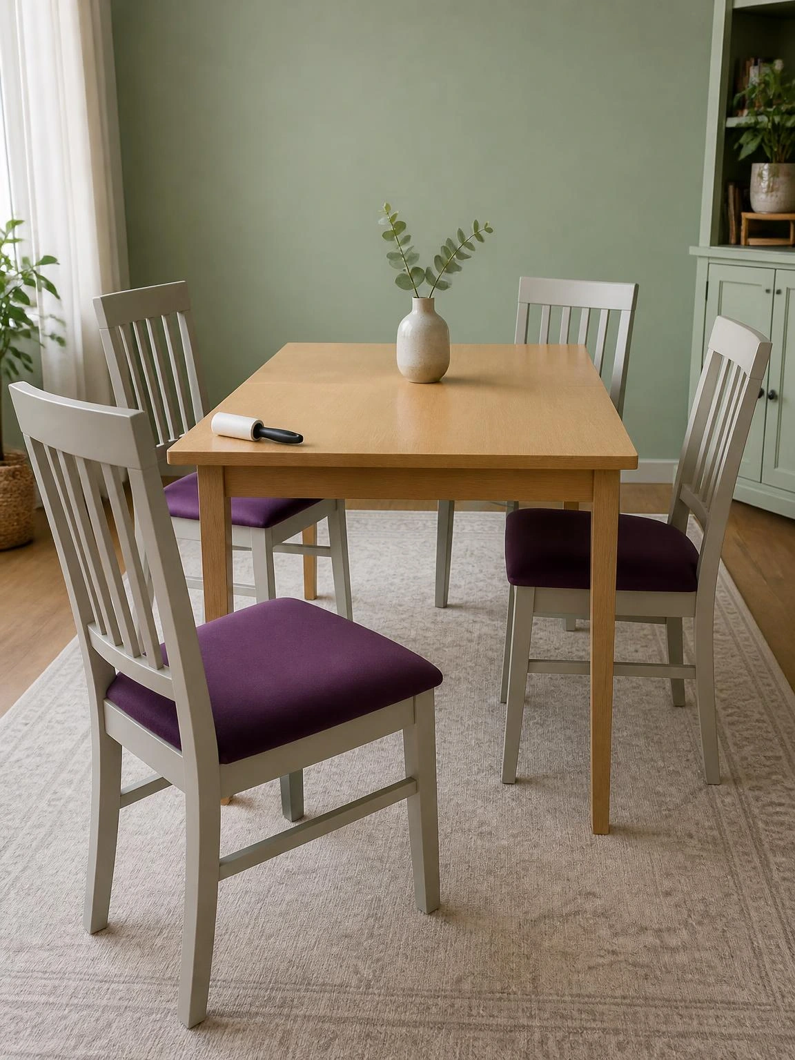 Four stone-framed dining chairs with muted plum velvet seat pads around a pale oak table, styled against sage-green walls for a summer refresh