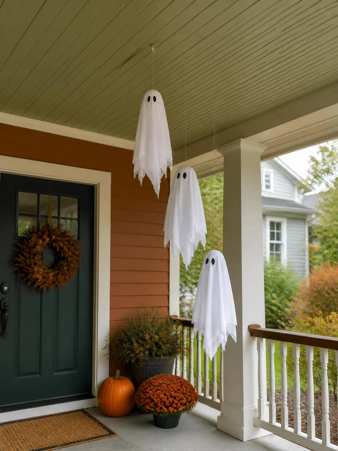8- Porch Ceiling Hanging Paper Ghost Trio - halloween porch ideas for small spaces