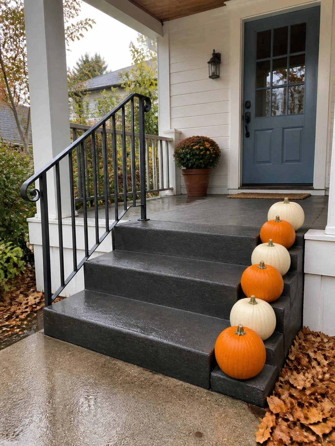 Halloween party ideas featuring alternating orange and cream pumpkins lining charcoal porch steps beside an open handrail