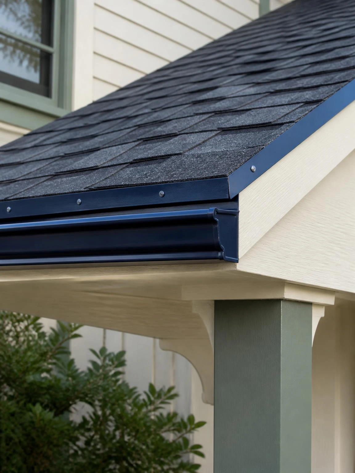 Navy aluminum drip edge installed at porch roof eave corner, flush against ivory fascia with charcoal shingles and matching gutter below