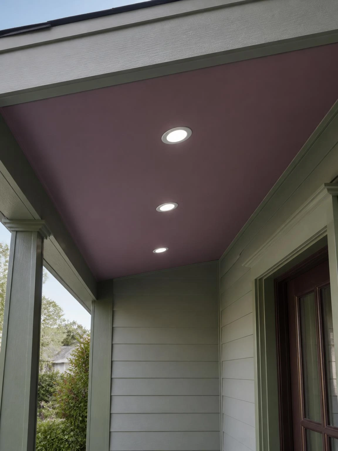 Muted plum HardieSoffit panel with three flush recessed LED wafer fixtures glowing evenly across a covered front porch entry ceiling