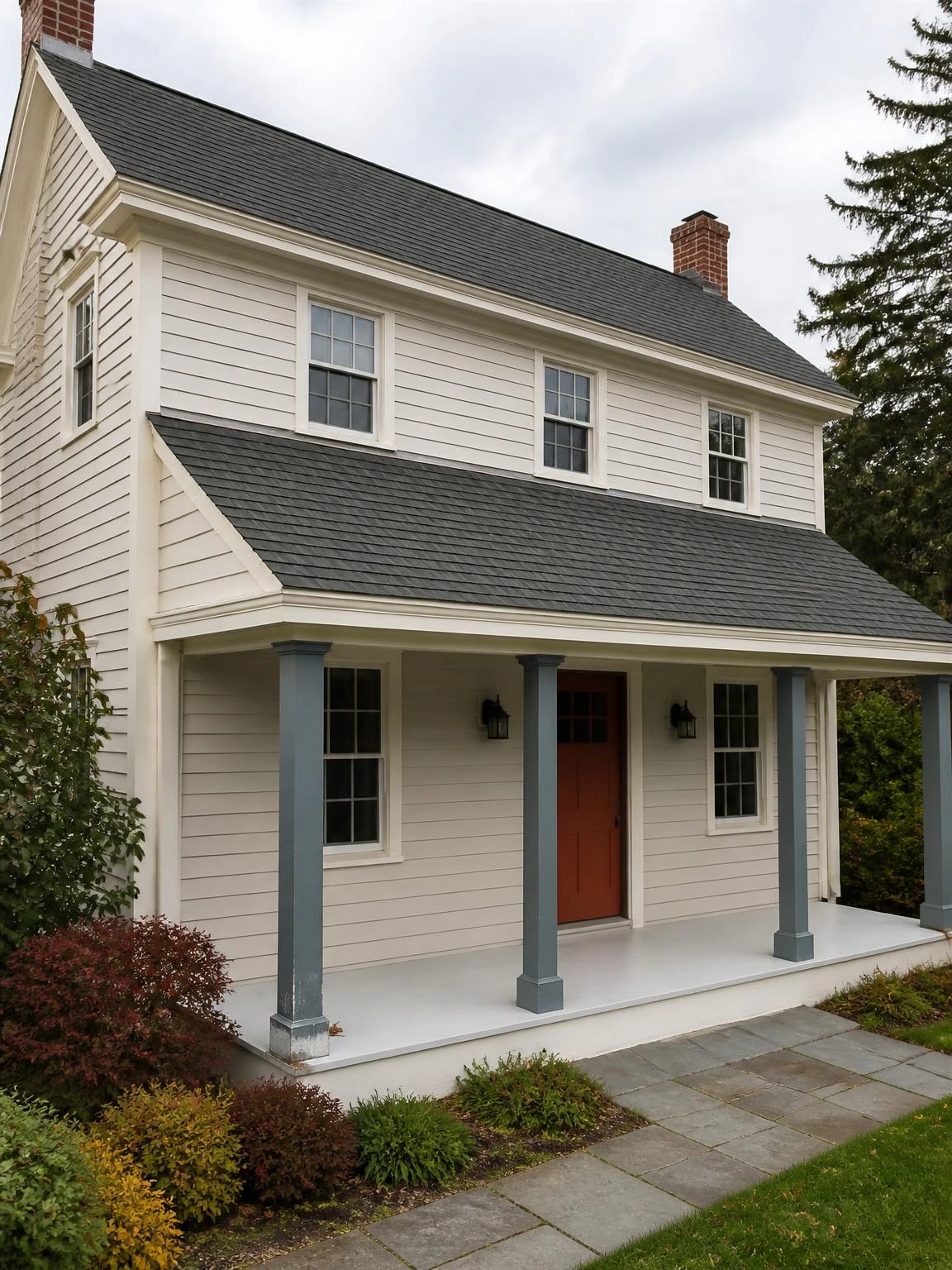 Colonial home with porch roof tied into the main roofline using continuous charcoal shingles, dusty blue columns, and white fascia unifying the facade