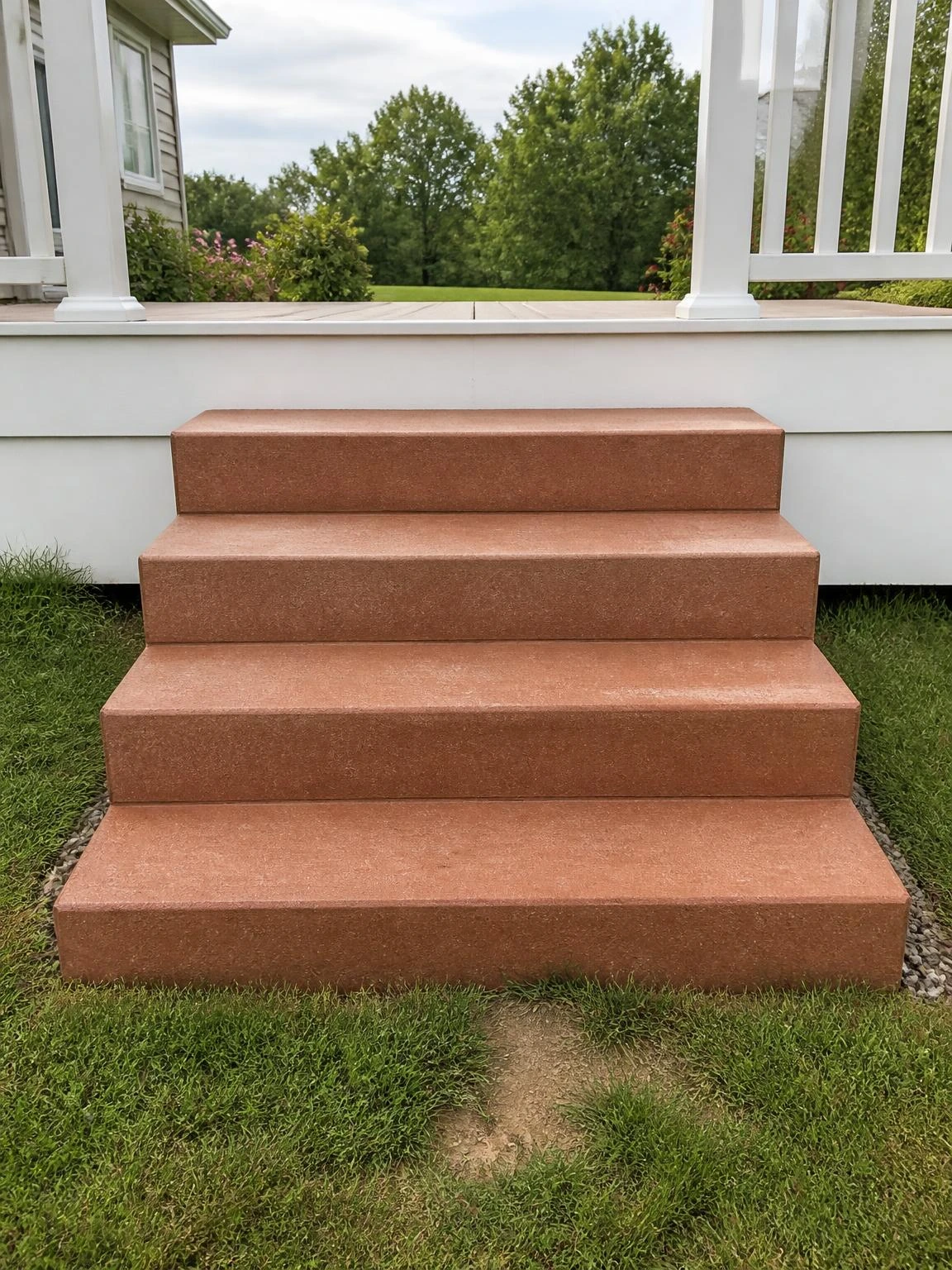 Four poured concrete landscape stairs with warm terra-cotta integral color pigment rise toward a white-painted rear deck, showing broom-finish tread texture and unified clay tone throughout