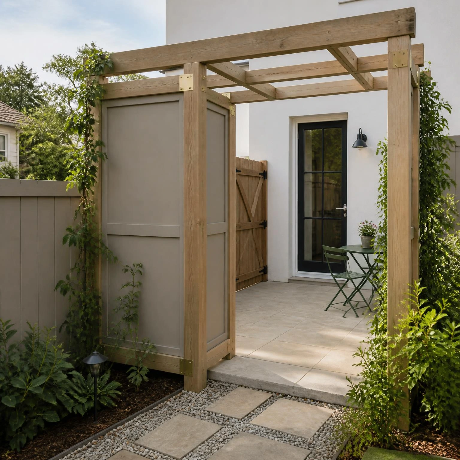 Timber arbor privacy screen with solid side panels shields a patio entrance while its open top keeps the passage bright and welcoming.