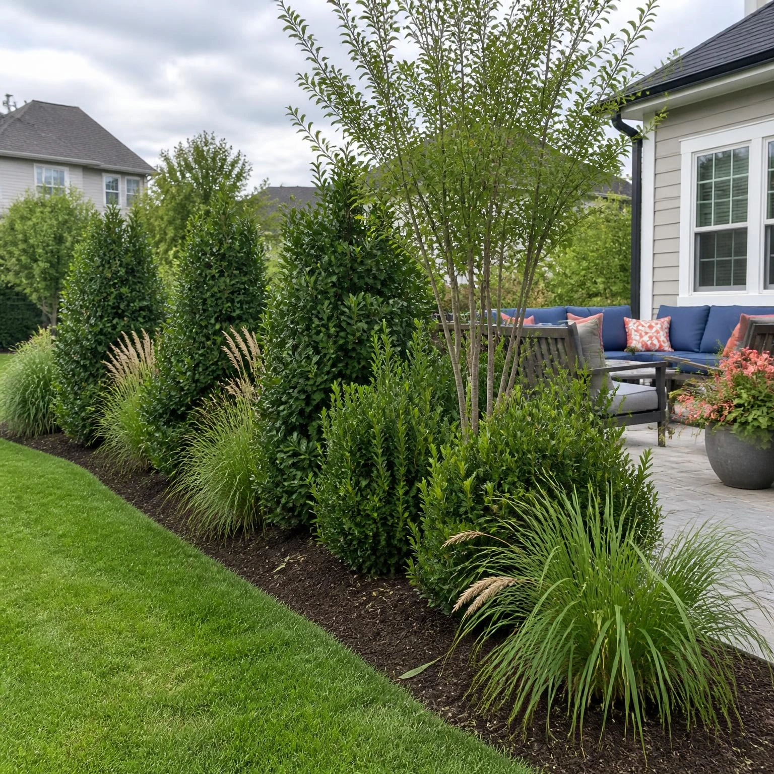 Layered backyard privacy planting uses staggered shrubs, grasses, and a small tree to soften patio views without a fence