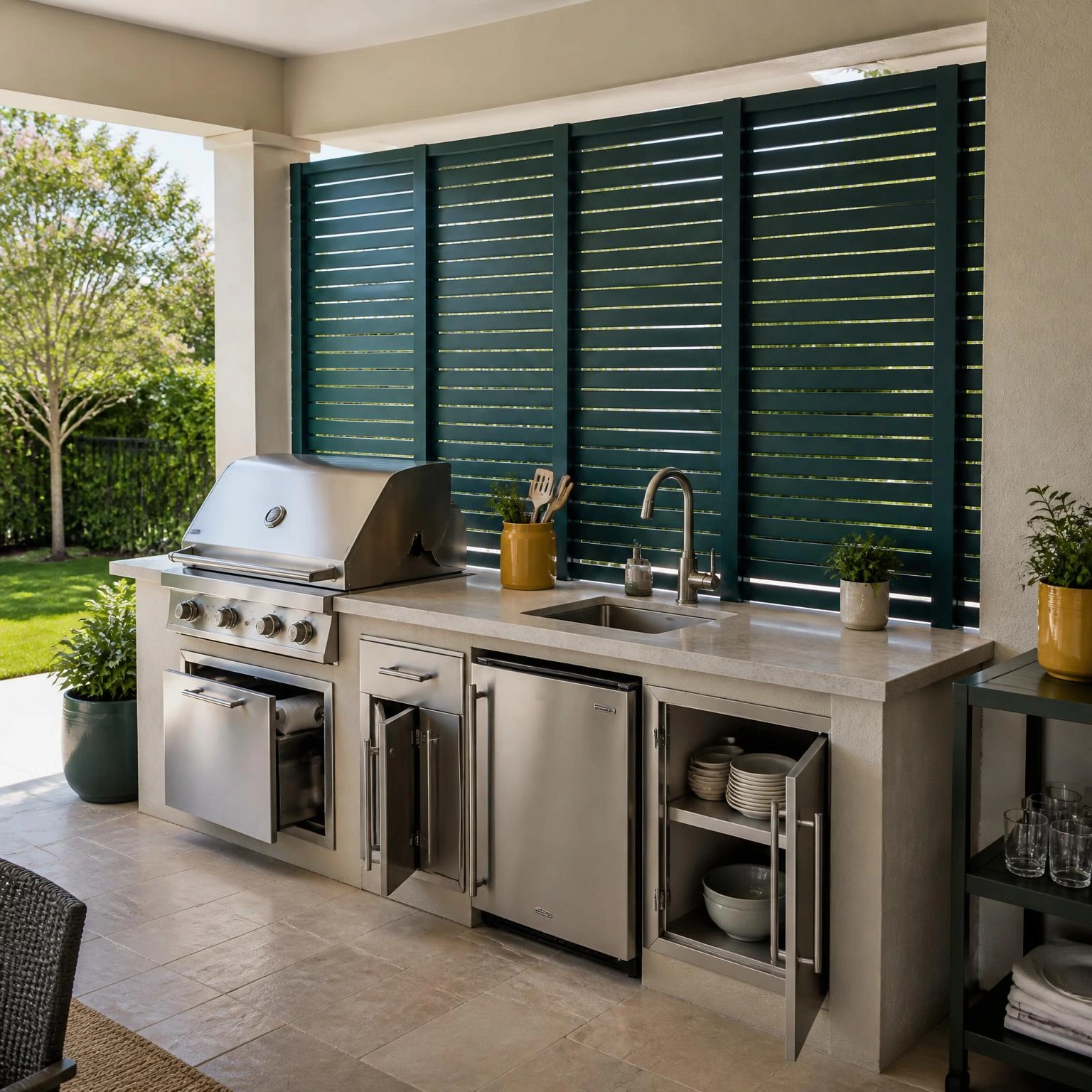 Deep teal slatted outdoor kitchen privacy screen conceals utility areas while keeping the grill and sink accessible