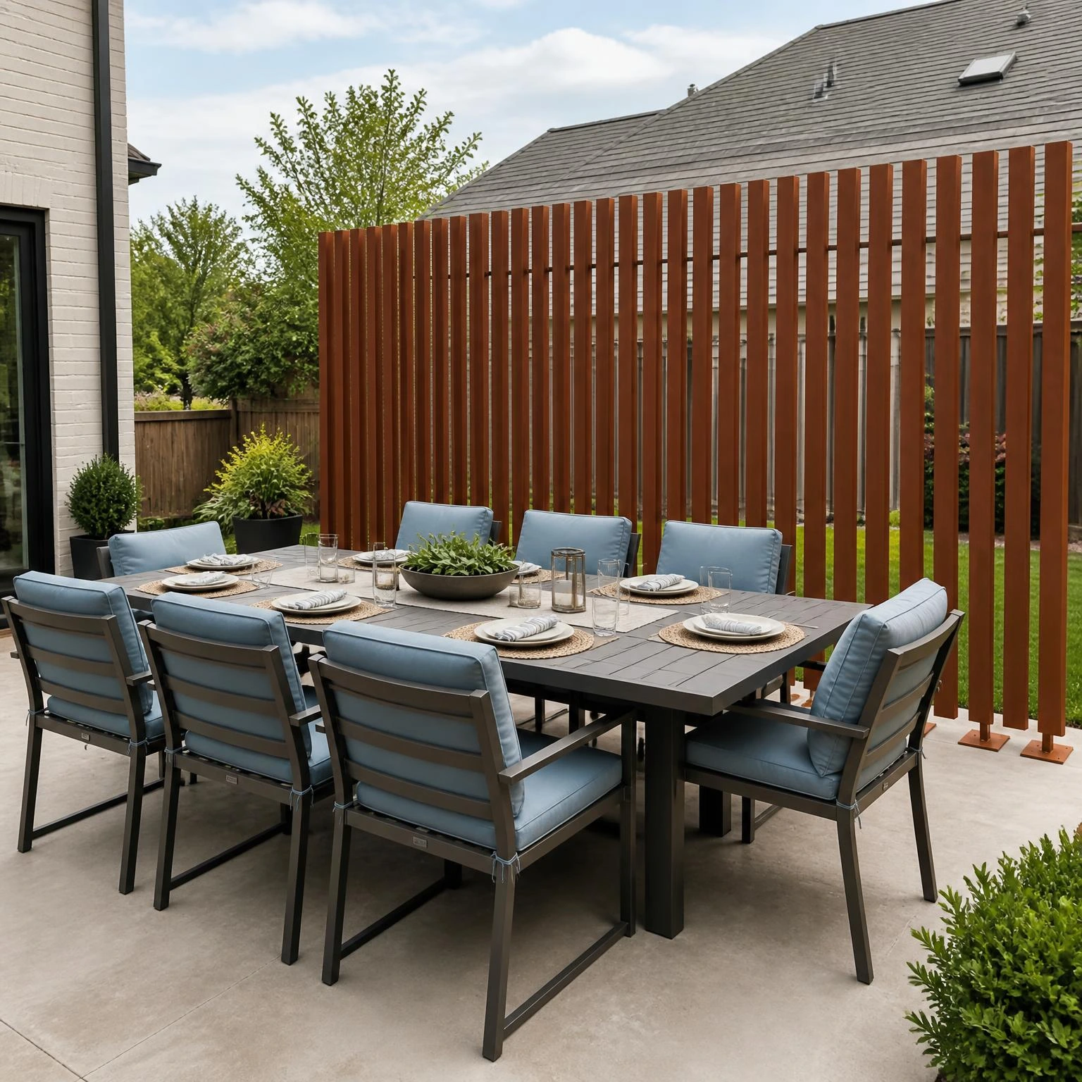 Rust-toned vertical dining privacy screen blocks the neighbor view while keeping both table ends open for comfortable patio circulation.