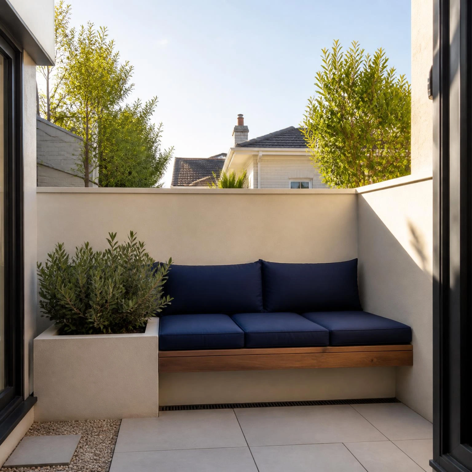 Low ivory privacy screen wall with navy-cushioned bench in a bright urban courtyard, illustrating backyard privacy without a fence
