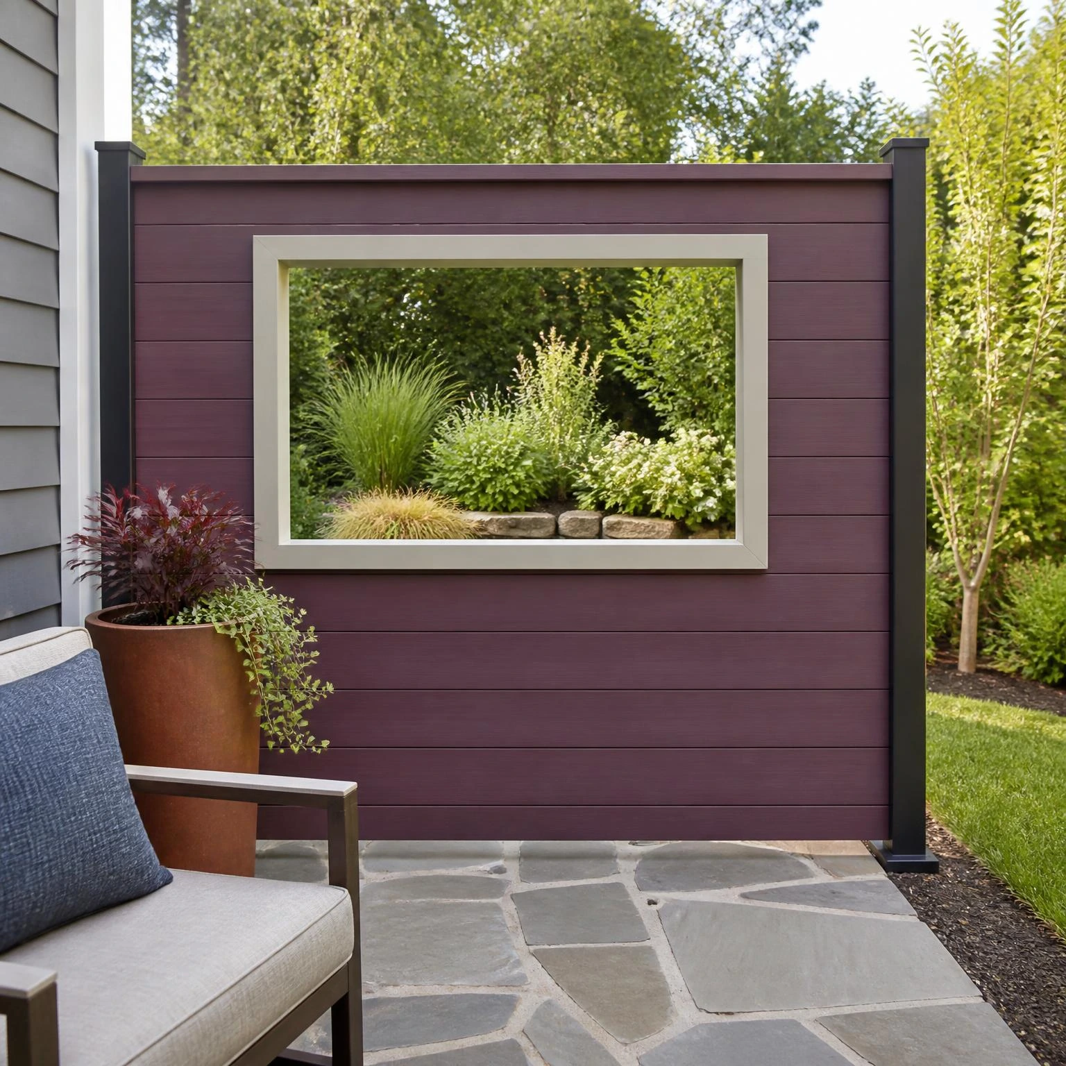 Muted plum privacy screen with a framed garden view opening creates backyard privacy without a fence on a small patio