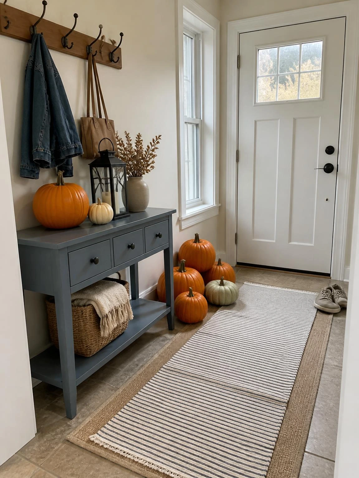 Compact pumpkin entryway with orange pumpkins, muted-blue console, lantern, coat hooks, and a clear path for halloween party ideas