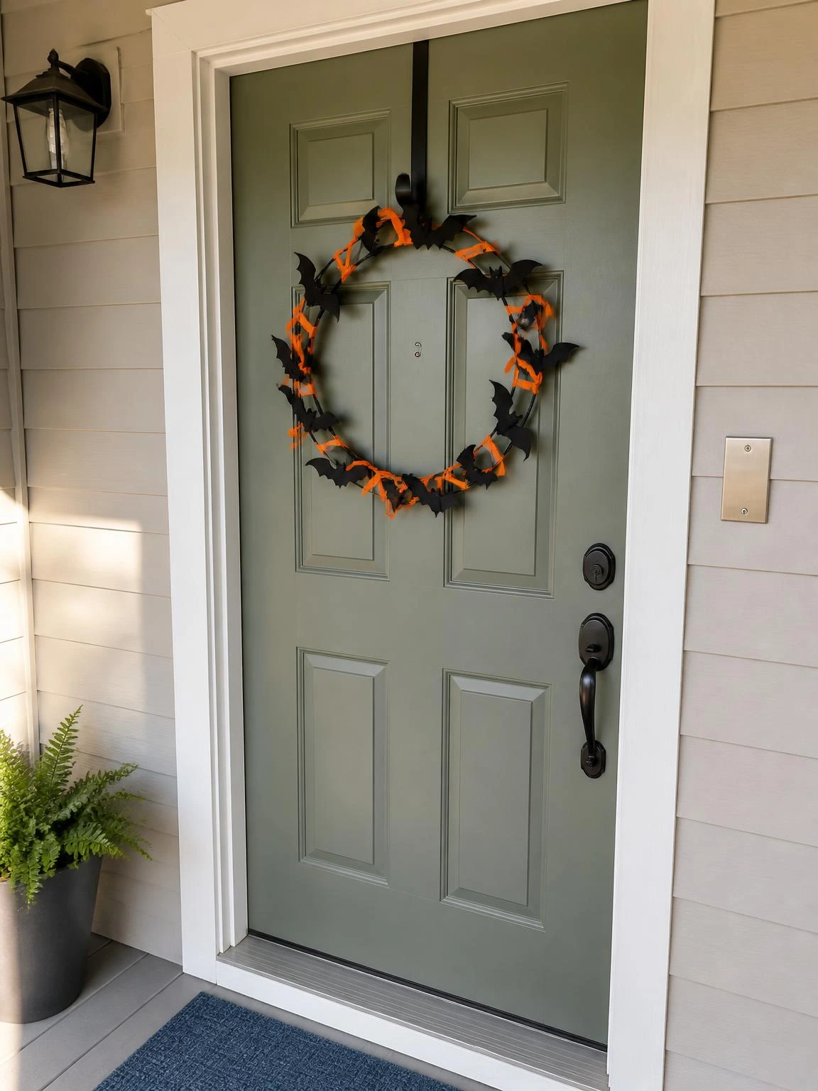 Halloween party ideas include a lightweight wreath of black felt bats and orange ribbon on a muted green door, with hardware visible