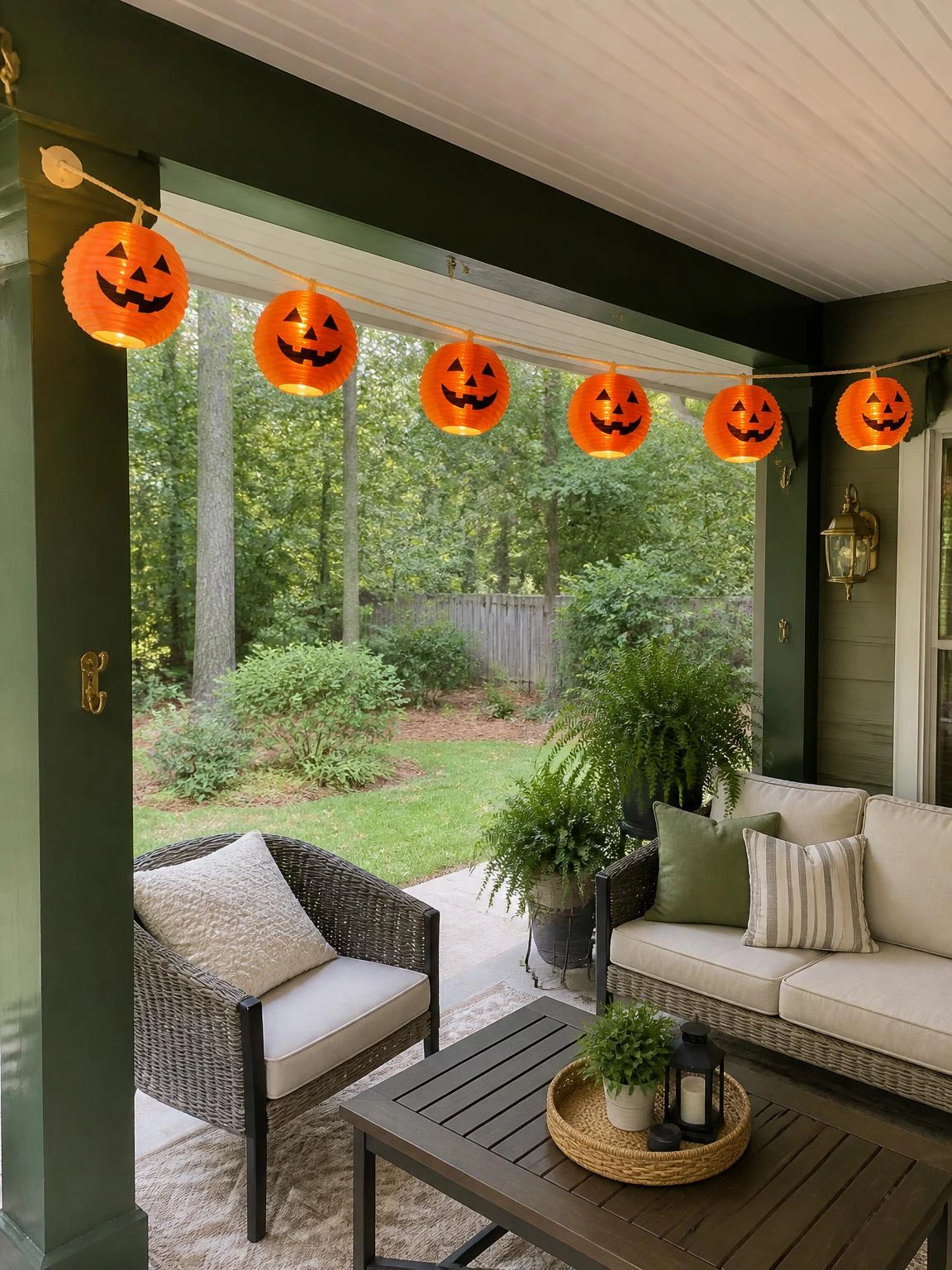 Orange pumpkin paper lanterns glow along a covered patio, showcasing a safe Halloween crafts DIY project with battery lights.