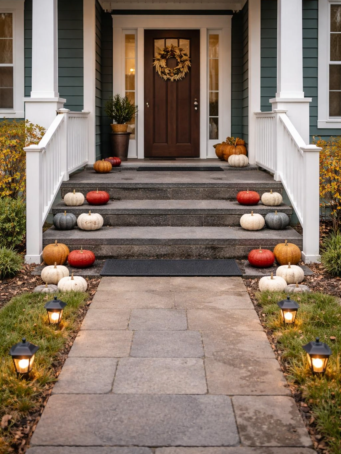 Pumpkin-lined outdoor steps show a safe, open walking path for halloween decorations outdoor DIY ideas