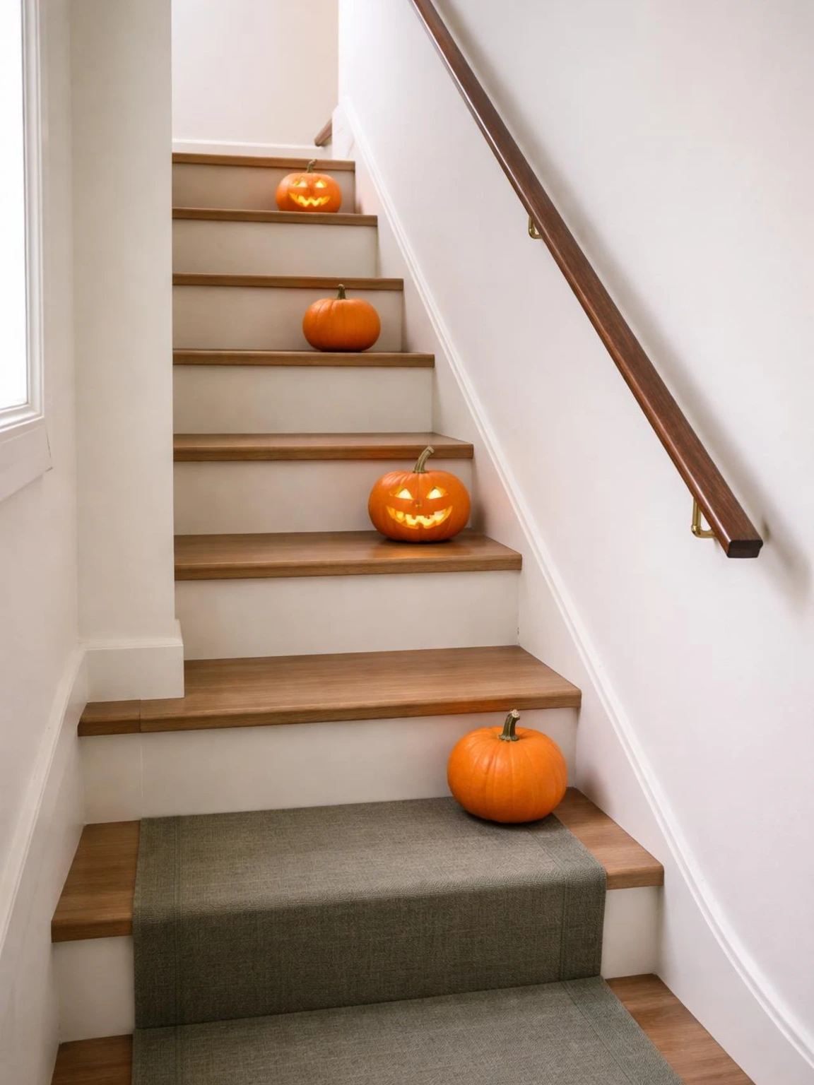 Pumpkin staircase display with carved and uncarved pumpkins tucked beside lower treads, leaving the handrail and walking path clear.