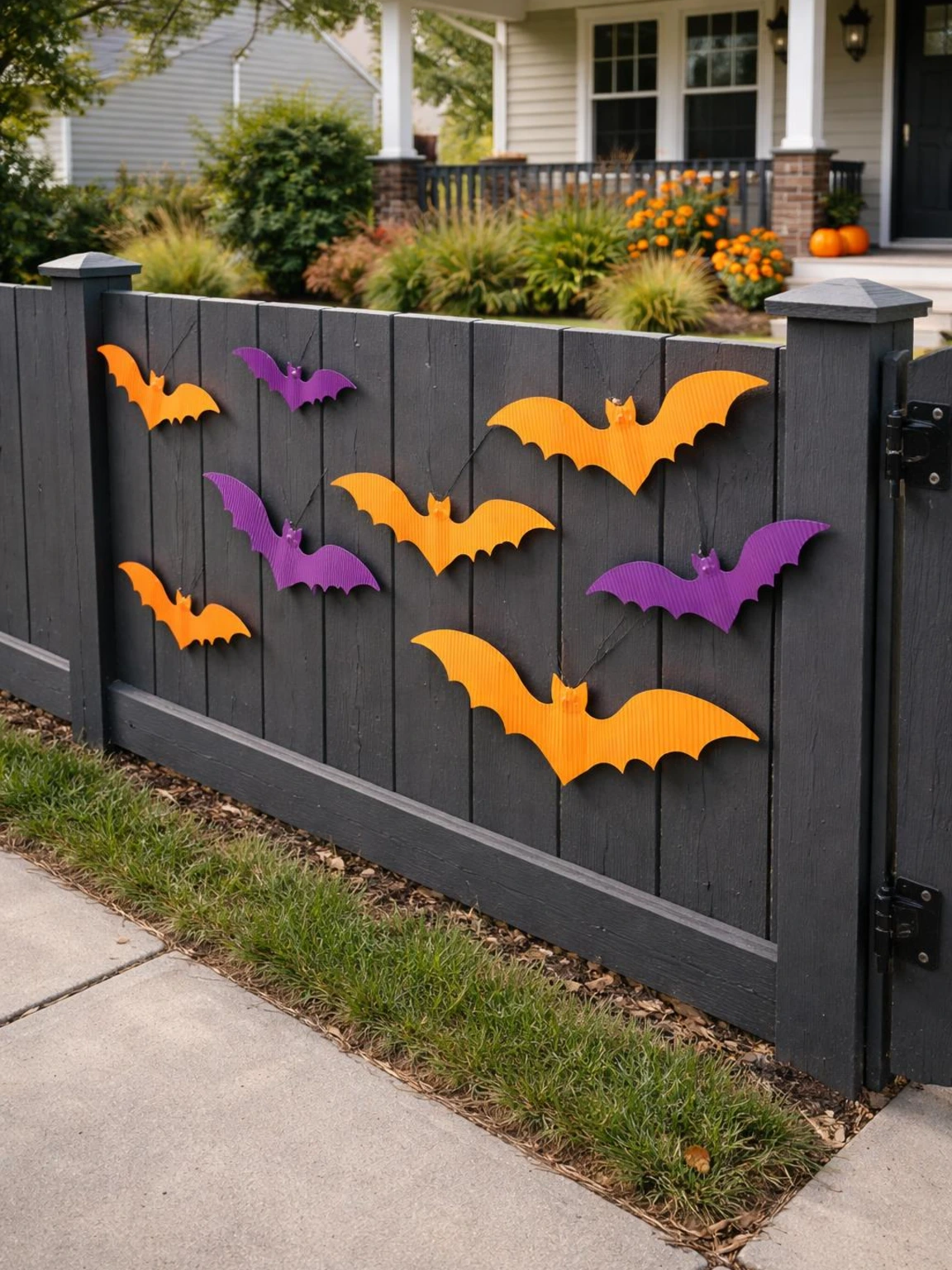 Purple and orange corrugated-plastic bats attach inside a charcoal fence for halloween decorations outdoor DIY while keeping the gate and sidewalk clear