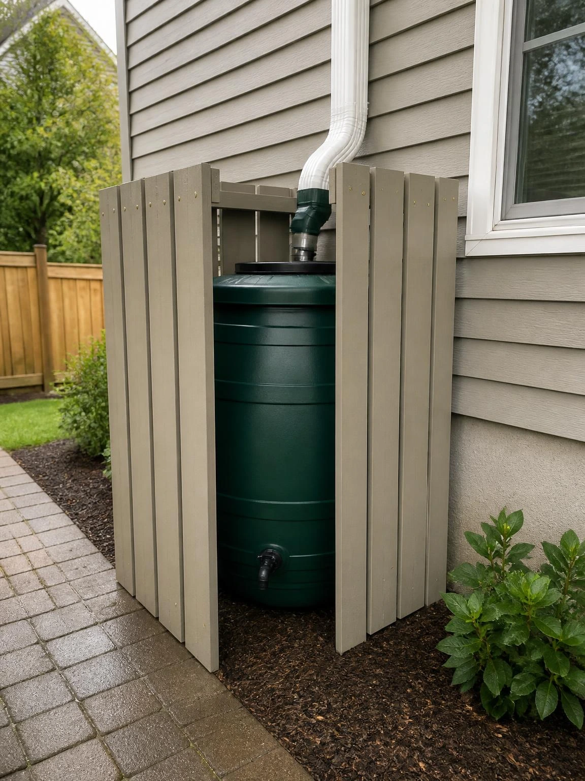 DIY rain barrel screen conceals a dark green barrel beneath a downspout, with covered access and a clear maintenance path