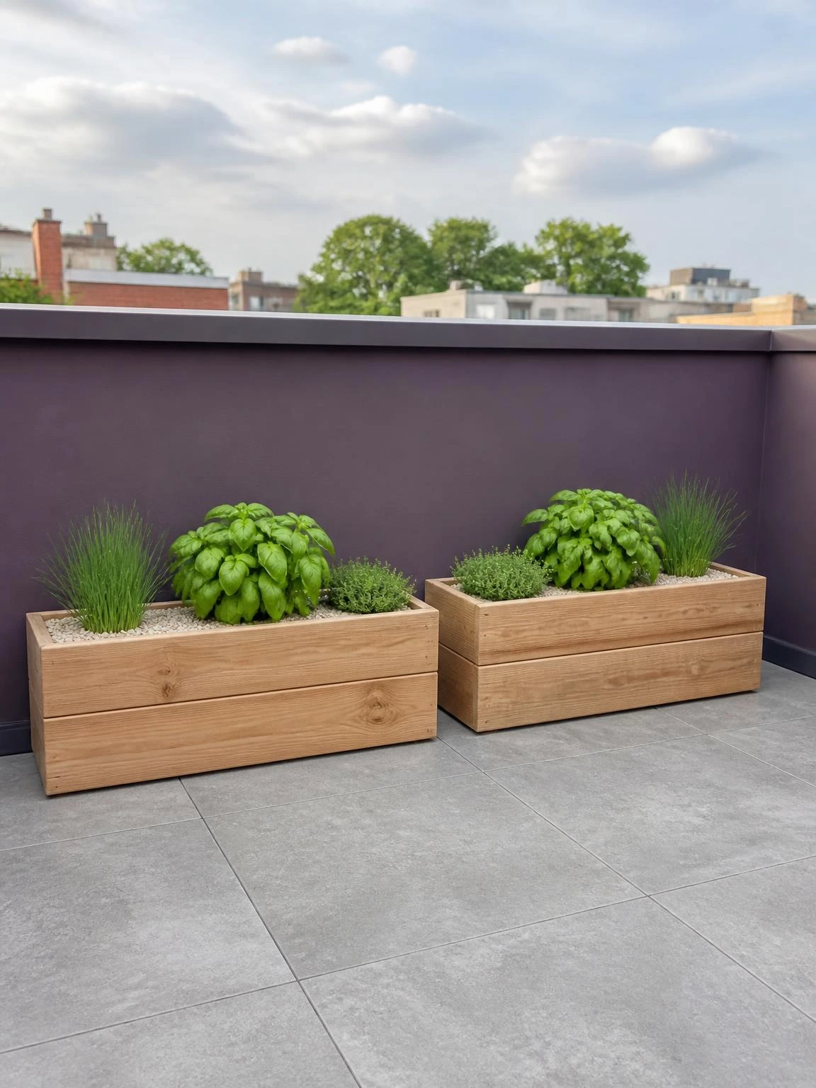 Two weathered cedar raised planter boxes growing basil, thyme, and chives against a muted plum parapet wall on a small rooftop terrace