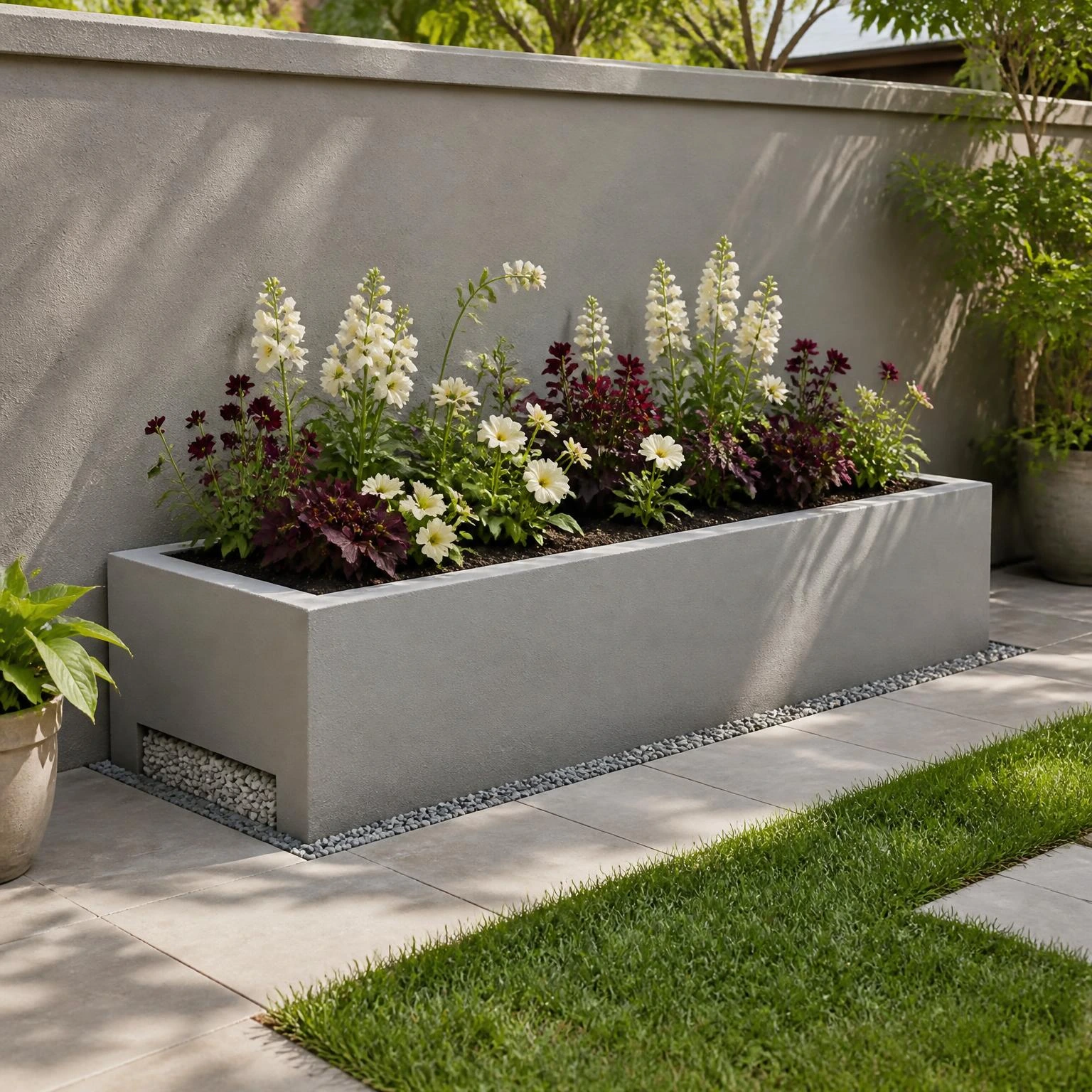 Raised planter with ivory and burgundy flowers against a warm-gray wall, showcasing small backyard flower garden ideas with drainage.