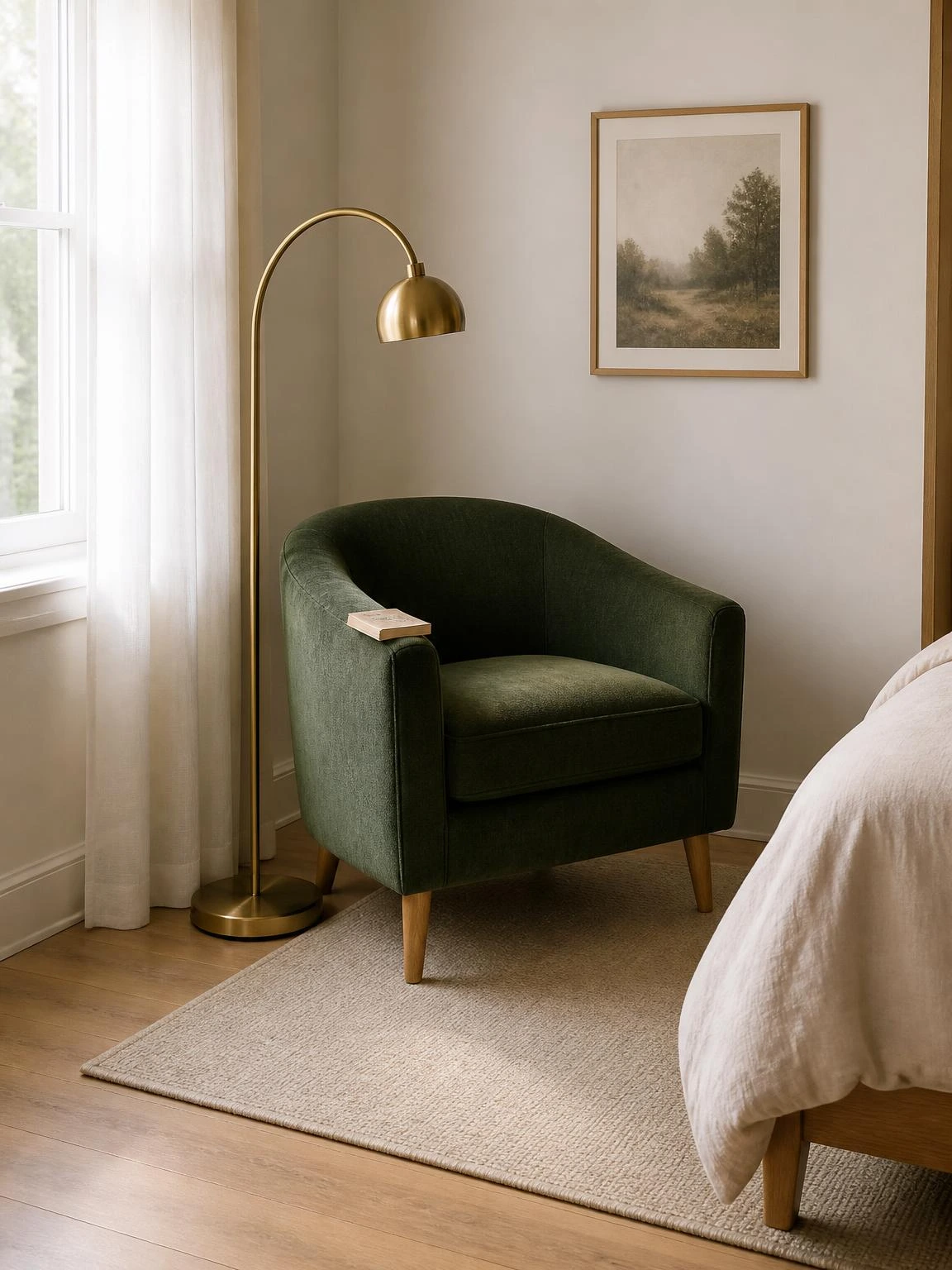 Forest-green barrel armchair in a bedroom reading nook corner, paired with a brass arc floor lamp on a warm oatmeal rug — a cozy couple room decor idea for winding down together