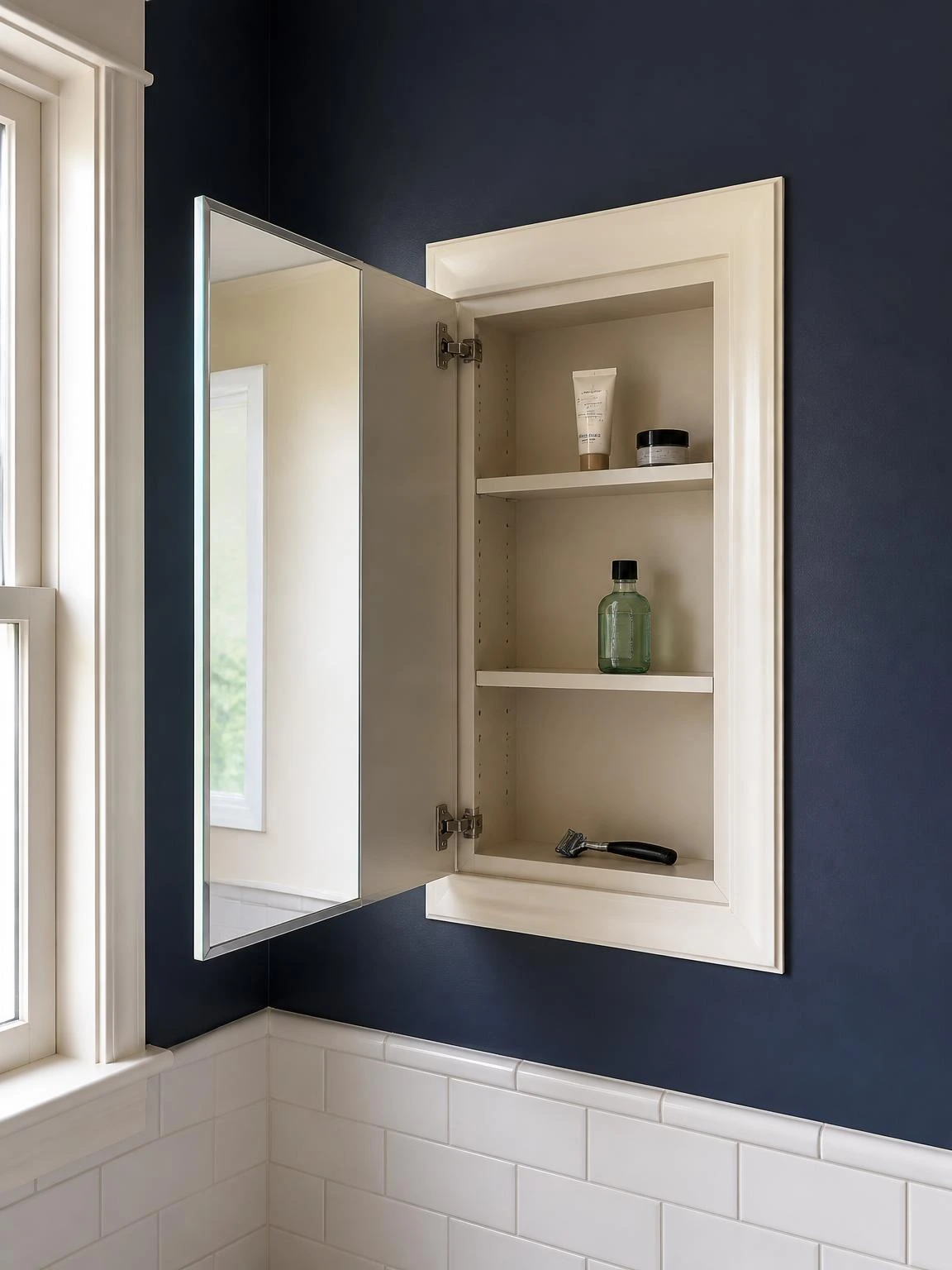 Recessed medicine cabinet flush with navy bathroom wall, ivory trim and open mirrored door revealing organized toiletry shelves in a DIY small bathroom install