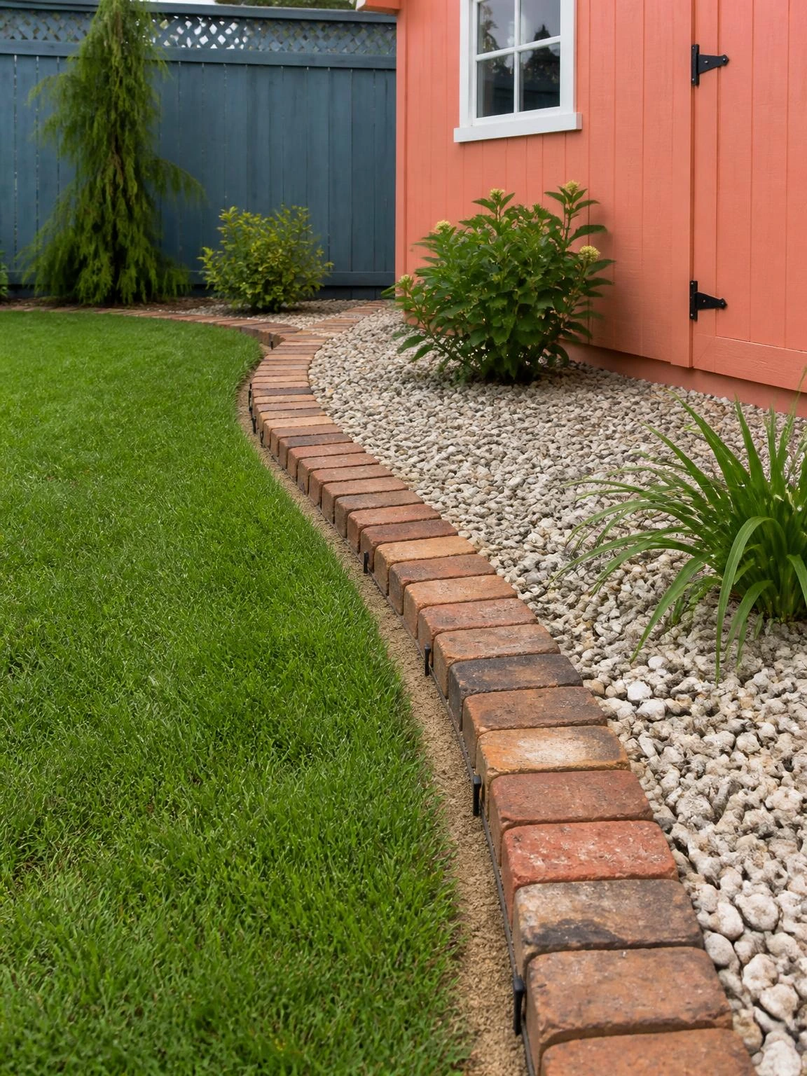 Reclaimed brick garden edging curves between a trimmed lawn and stone-mulched bed beside a coral shed, illustrating a DIY garden project.