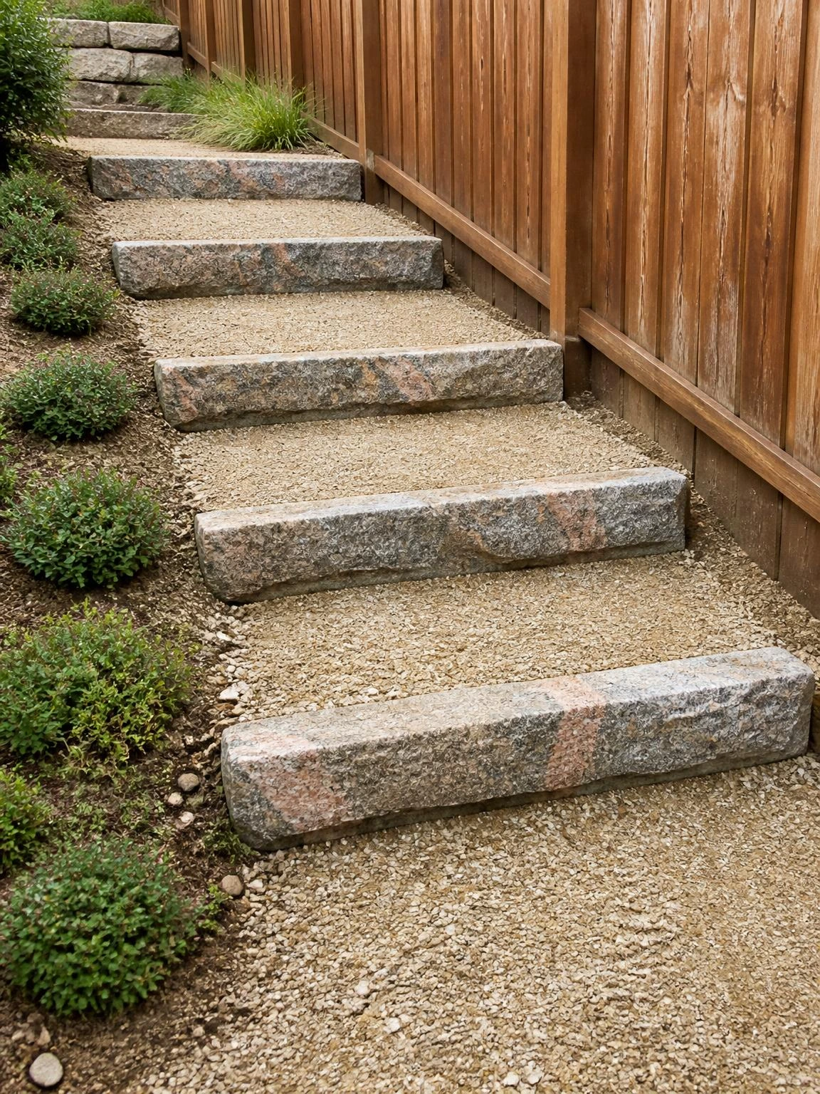 Five reclaimed granite curbstone risers set into a side yard slope, their rough-split faces showing pink-veined gray stone above compacted buff gravel treads