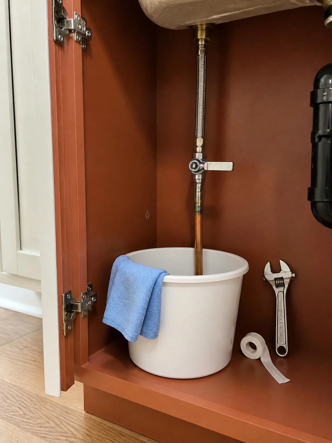 New chrome quarter-turn ball valve installed on kitchen sink cold water supply line, compression fittings gleaming against rust-painted cabinet interior