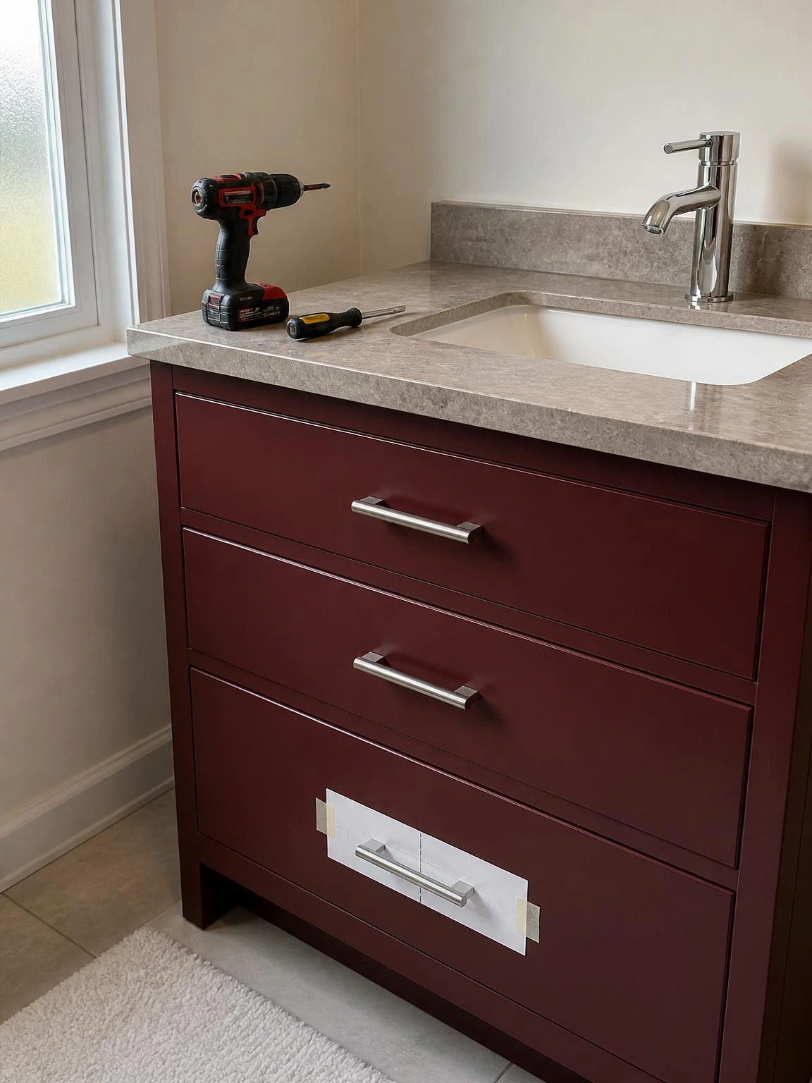 Brushed nickel bar pulls freshly installed on burgundy bathroom vanity drawers, with a paper alignment template still taped to the lowest drawer front