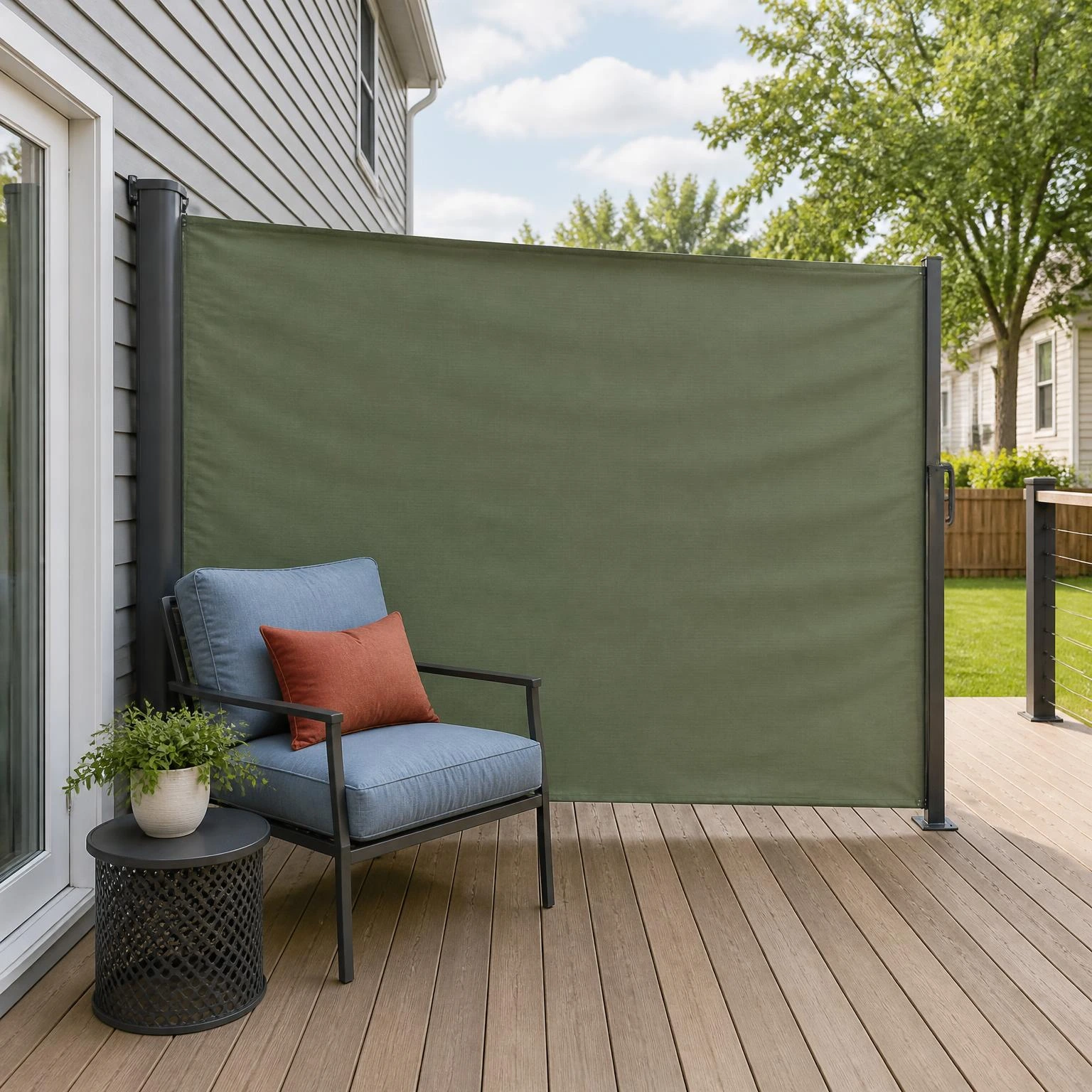 Muted green retractable privacy shade screens a reading chair on an open backyard deck, demonstrating fence-free backyard privacy.
